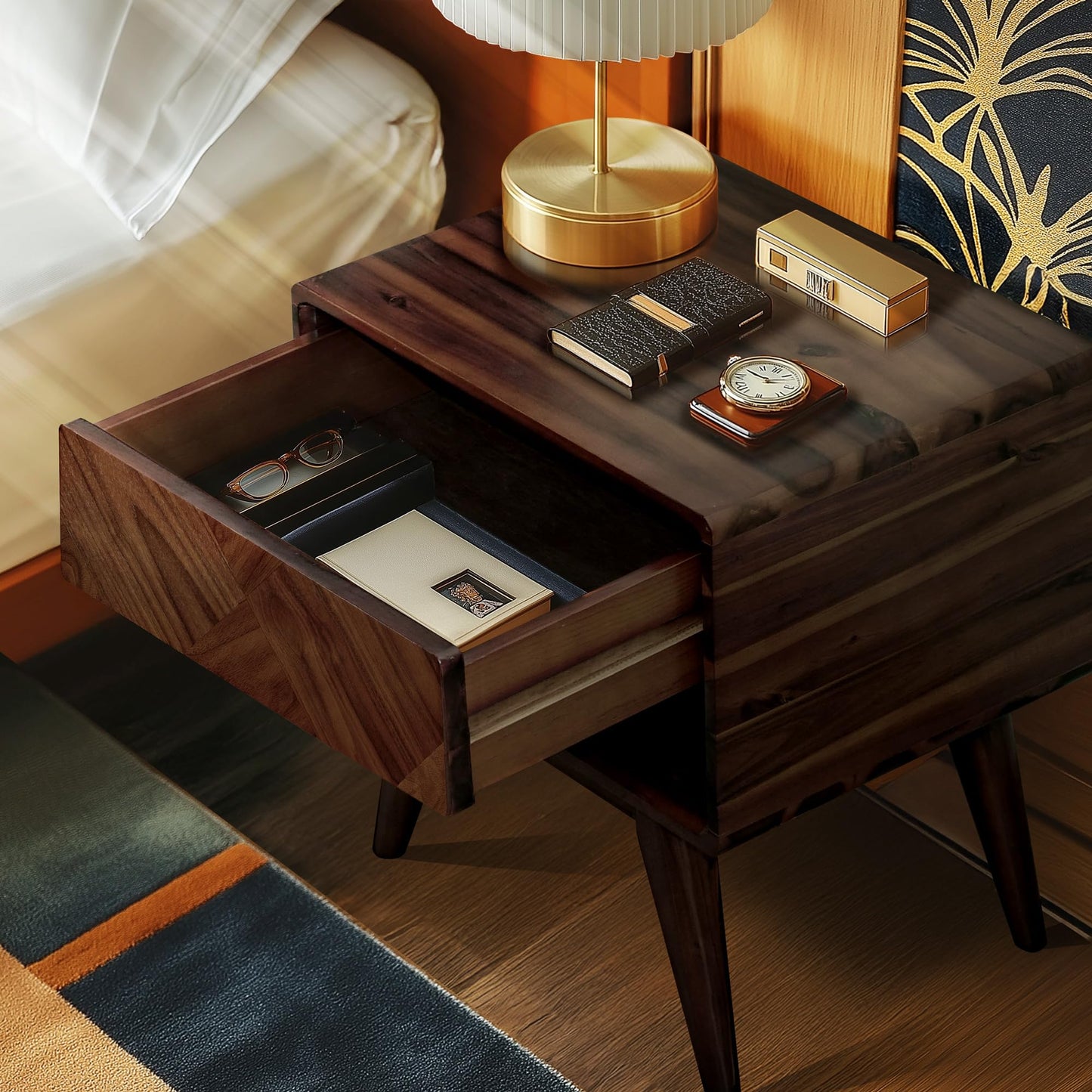 RORNS Laden Solid Acacia Wood Nightstand with Storage Drawer, Mid-Century Modern Art Deco Design, End Table for Bedroom & Living Room, Scratch & Water-Resistant, Easy Assembly, Walnut