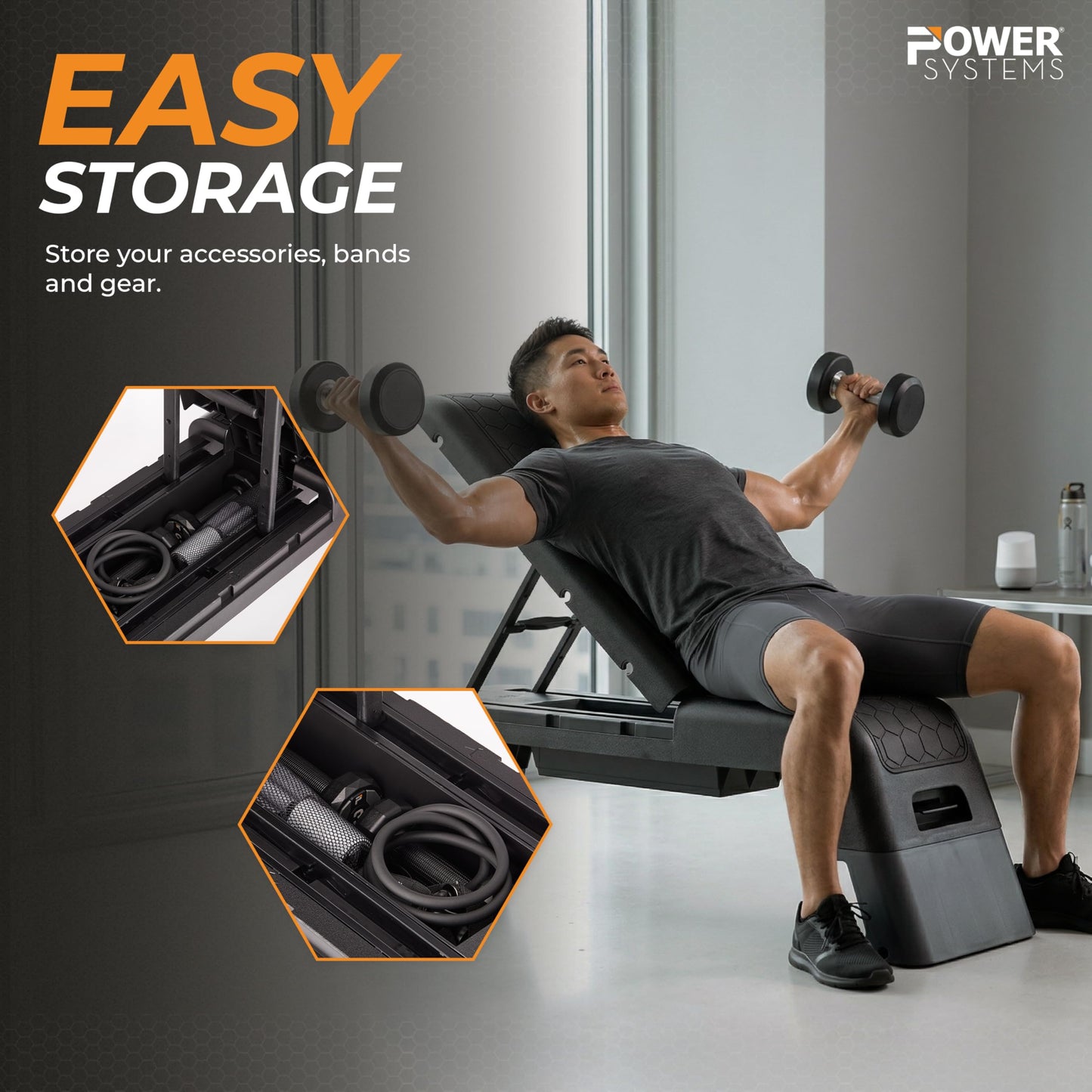 Power Systems Step Bench & Weight Bench | Aerobic Platform & Plyo Box for Cardio, Strength | Commercial Grade Full Body Home Gym Stepper | Adjustable Multifunctional Deck & Resistance Band Clips