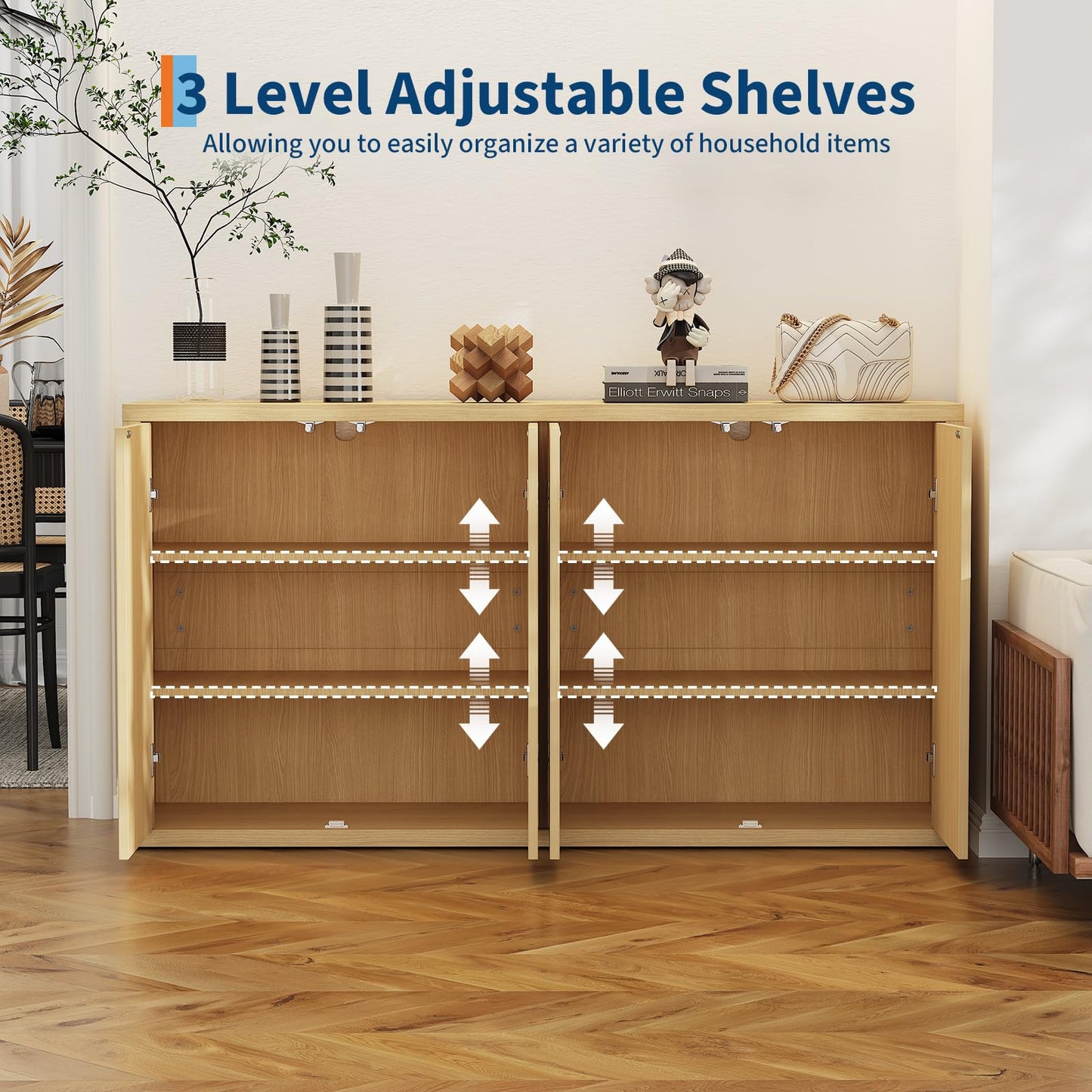 IDEALHOUSE 66.3in Large Sideboard Buffet Cabinet, Kitchen Modern Fluted Cupboard Coffee Bar Console Table Credenza Storage Cabinet with Adjustable Shelves for Living Room Hallway, 4 Doors