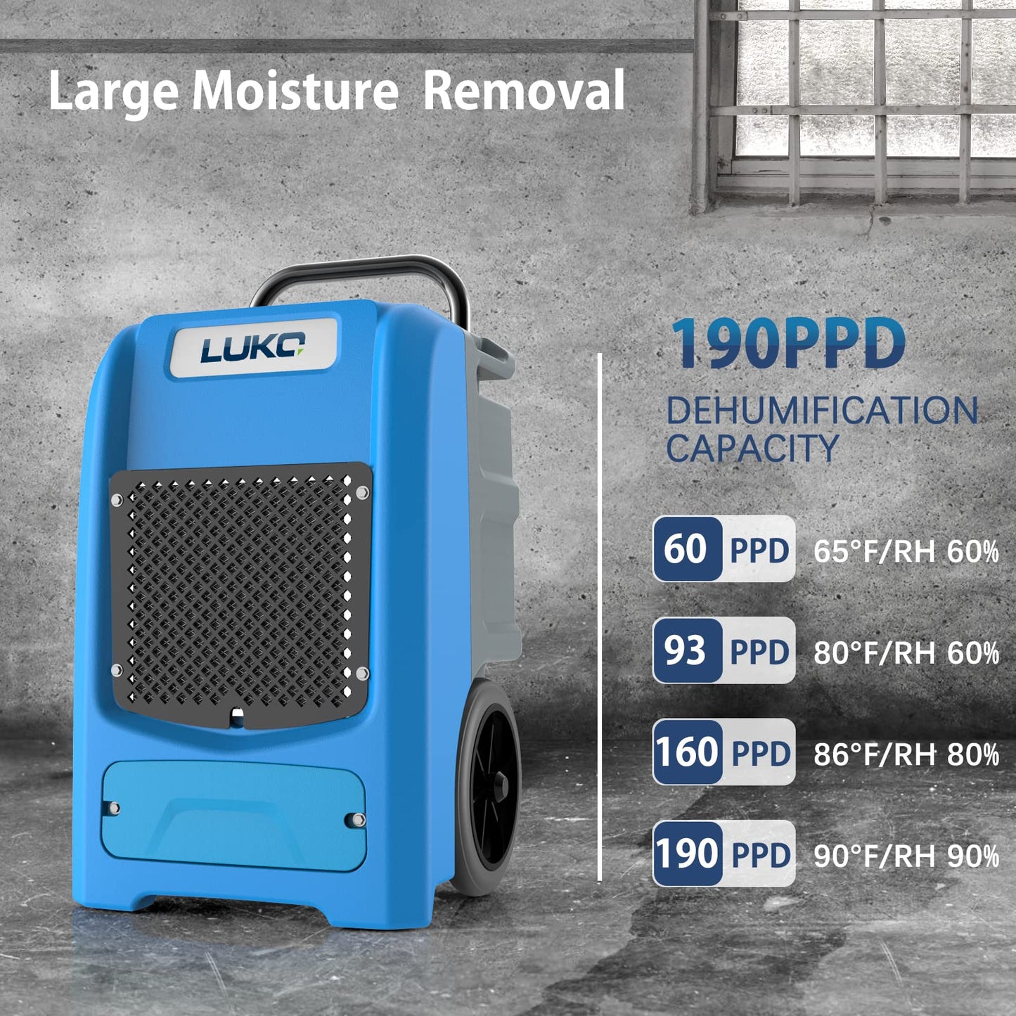 LUKO 190 PPD Commercial Dehumidifier with Built-in Pump & Hose, for 8000 Sq Ft Large Space，Basements, Crawl Spaces, Warehouse, Water Damage Restoration, 5-Year Warranty