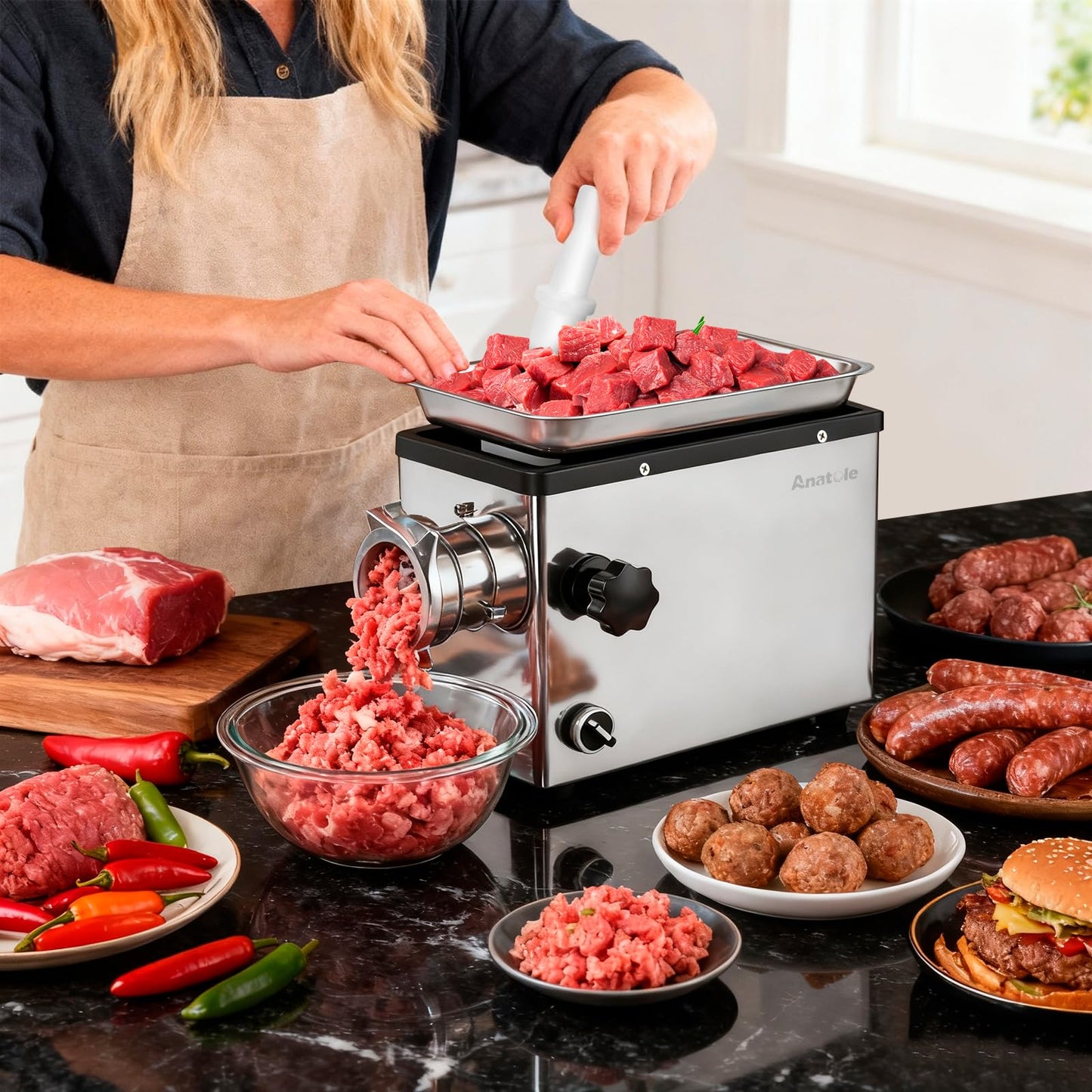 Anatole Commercial Electric Meat Grinder 1.3 HP 950 W Heavy Duty Meat Bones Mincer Stainless Steel Sausage Stuffer with 4 Grinding Plates 2 Blades for Restaurant Hotel 110V