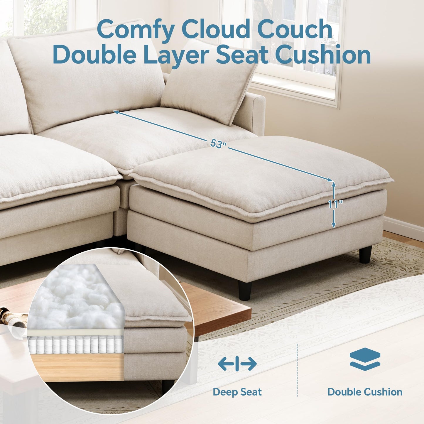 FAVSH 102'' L-Shaped Modular Sectional Sofa, 3-Seater Cloud Couch with Movable Ottoman, Deep Seat Chenille Upholstery, USB & Type-C Charging, Foldable Side Table for Living Room Apartment, Beige