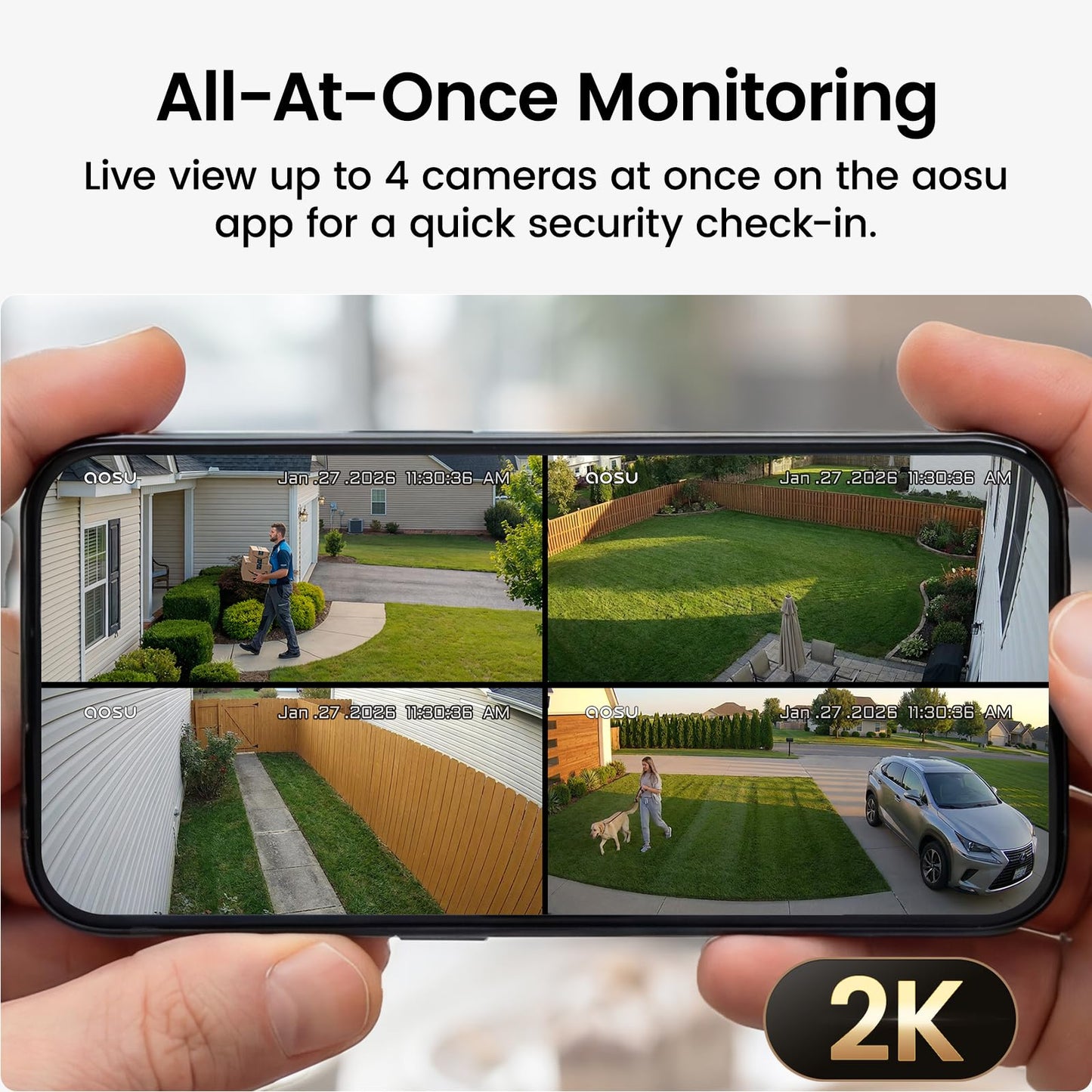 aosu Solar Security Cameras Wireless Outdoor, 2K HD Home Security Camera System, PIR + AI Human Detection, Color Night Vision, Easy to Set Up, Local Storage, No Subscription Required, 6-Cam Kit