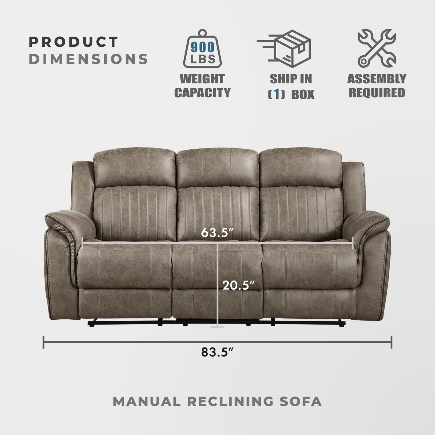 Lexicon 83.5" W Manual Double Reclining Sofa, Polished Microfiber Recliner Sofa, Pillow Top Arms, for Living Room, Apartment,Easy Assembly, Sandy Brown