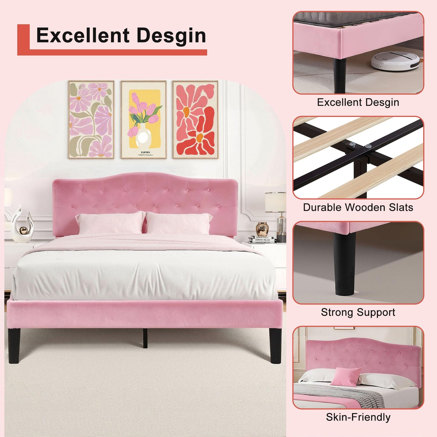 VECELO Queen Size Bed Frame with Upholstered Headboard, Velvet Platform Bedframe Mattress Foundation, Sturdy Wooden Slats Support,No Box Spring Needed Noise Free/Easy Assembly,Pink