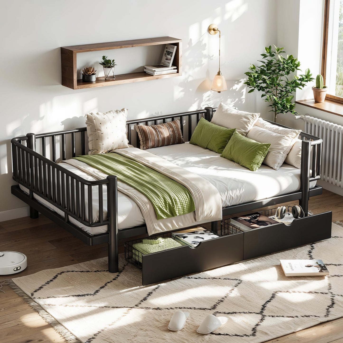 DNYN Full Size Metal Daybed Frame with Guardrails and 2 Storage Drawers for Teens Bedroom, Low-Profile Platform Bed with Upgraded Safety Round-Pipe Design, Space-Saving & No Box Spring Needed