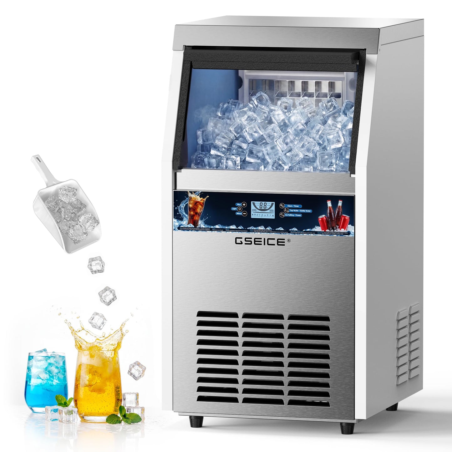 Ice Maker Machine, 100 lbs/24h with 20 lbs Storage, 40 Ice Cubes/15 Mins, ETL FCC, Freestanding Ice Maker with LED Display, 24H Timer, Smart Reminder, Self-Cleaning, for Home Bar Restaurant