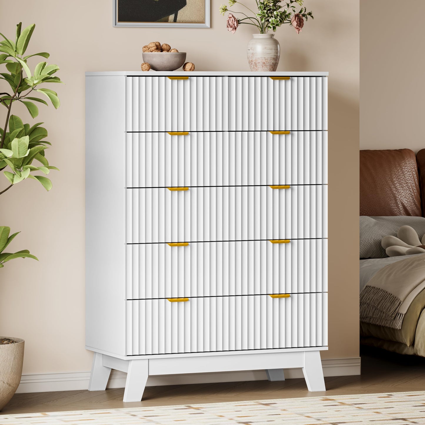 BORNOON 46" Tall Dresser for Bedroom, 6-Drawer Fluted Chest of Drawers, Modern Wood Highboy with Deep Storage, Metal Slides and Handles, Anti-Tip Kit, Vertical Clothes Organizer for Apartment, Nursery