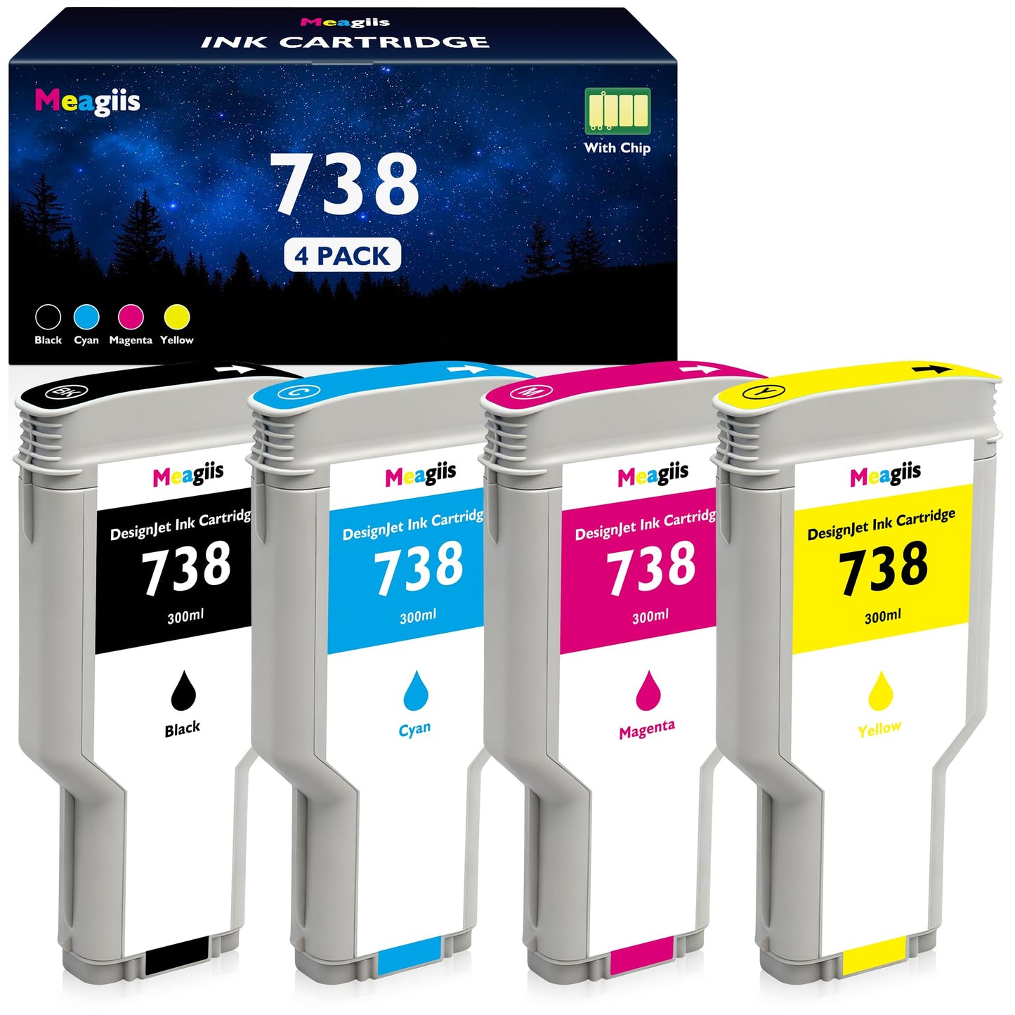 Meagiis 738 Ink Cartridges 300ML with Chip High Capacity Replacement for HP 738 Ink Cartridge 498N8A 676M6A 676M7A 676M8A for DesignJet T850 T950 Wide Format Printer Plotters (738XL Ink, 4-Pack)