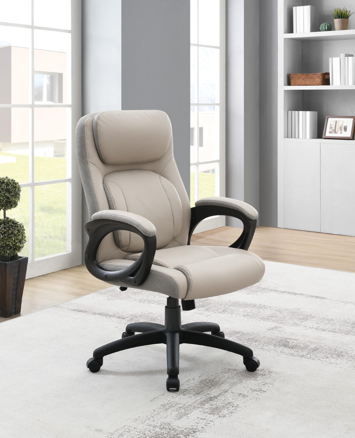 Office Star FL Series Executive Seating Faux Leather Manager's Adjustable Office Chair with Padded Arms, Taupe with Grey Mesh Accents