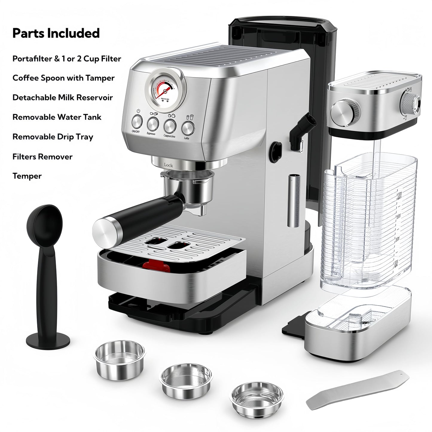 MAttinata Cappuccino Coffee Machine with Automatic Milk Frother, Compact Espresso Machine with Pressure Gauge, Stainless Steel Cappuccino Maker with for Home, Office