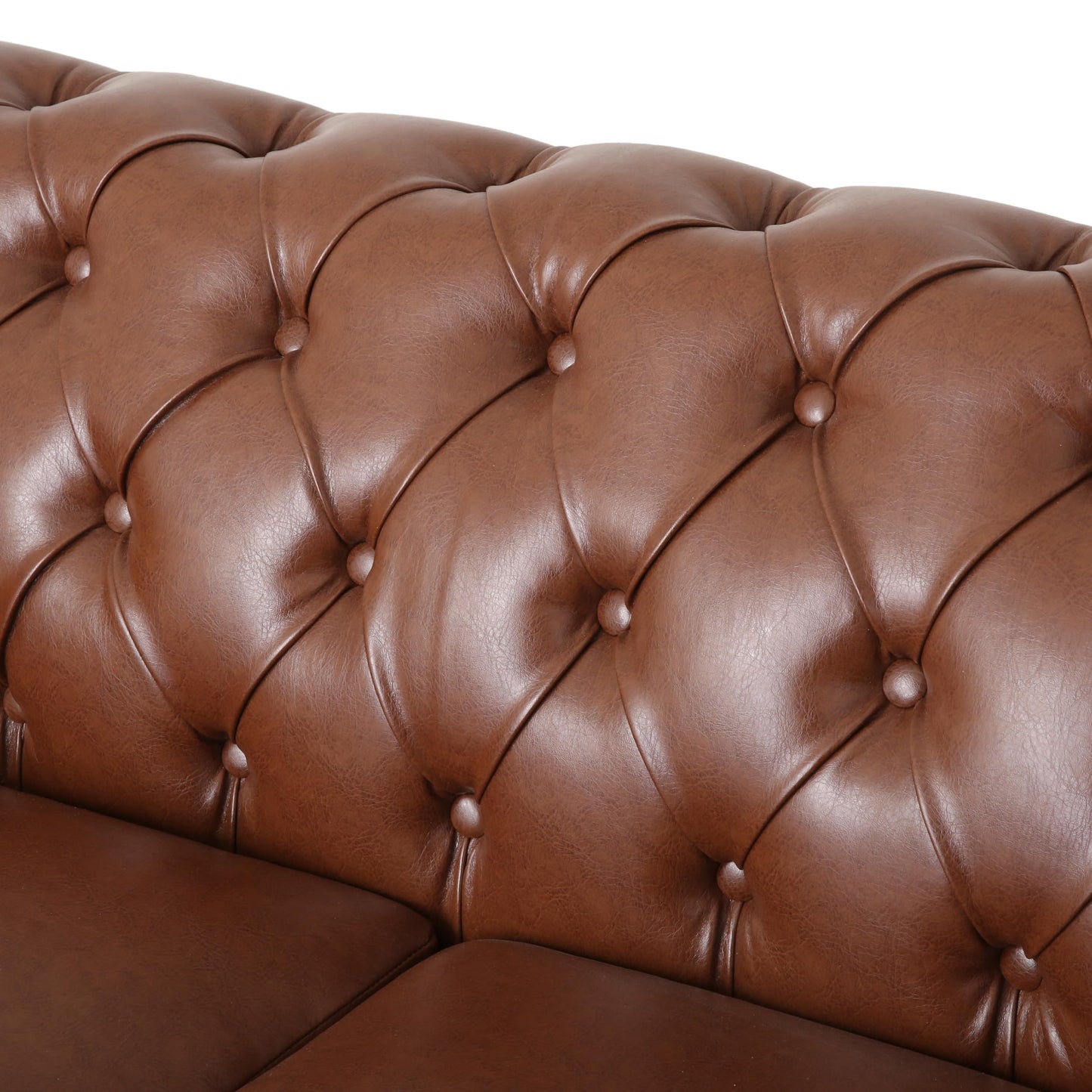 Merax 3 Seat PU Chesterfield Sofa, Retro Style Upholstered Leather Couch Rolled Arm for Living Room Bedroom Office, Light Brown