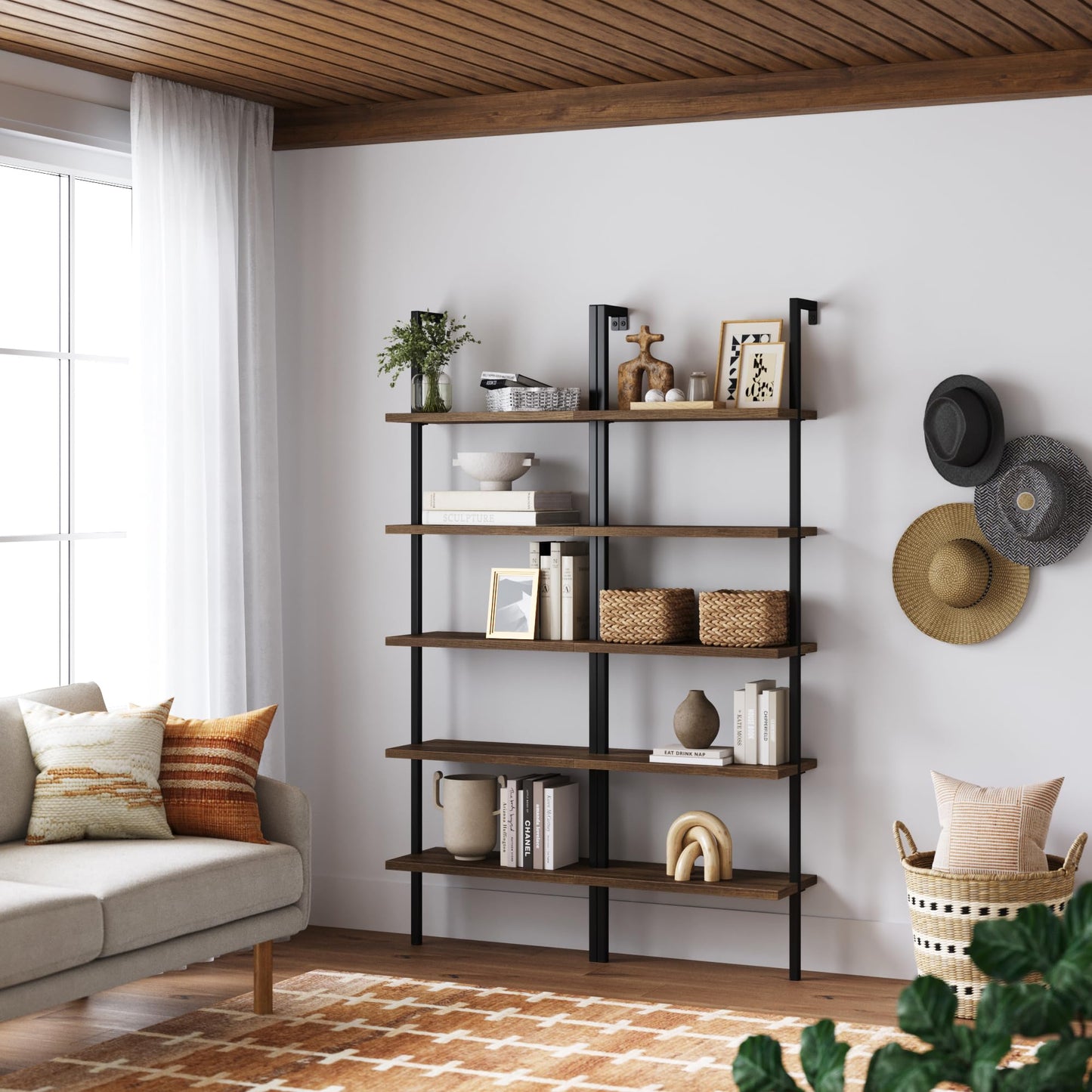 Nathan James Theo 5-Shelf Wood Modern Bookcase, Open Wall Mount Ladder Bookshelf with Industrial Black Metal Frame, Reclaimed Oak, Set of 2