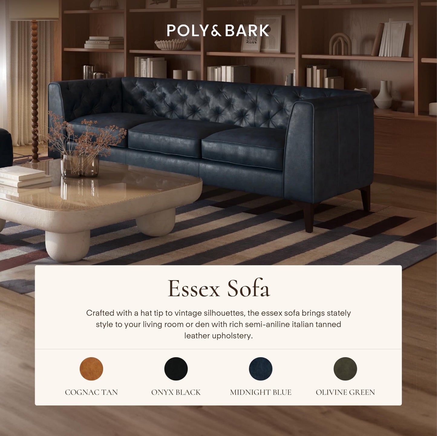 POLY & BARK Essex 89” Full-Grain Italian Leather Sofa – Tufted Back, Feather-Down Comfort, Solid Wood Frame, Midnight Blue