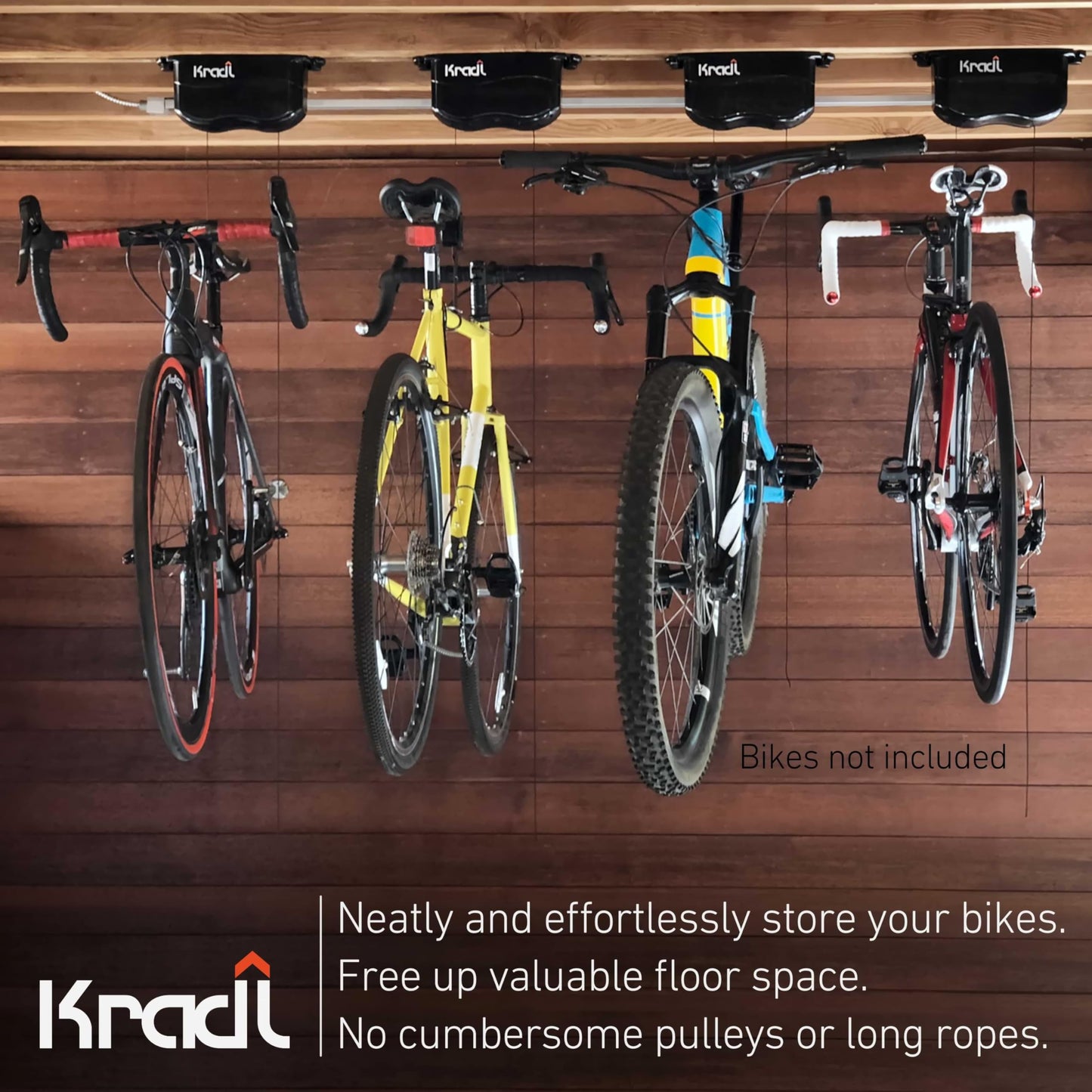 Kradl - Ceiling Mount Bike Lift and Rack. Bicycle Storage Hoist Without Electricity, Clumsy Ropes or Pulleys. 25 Pound Capacity.