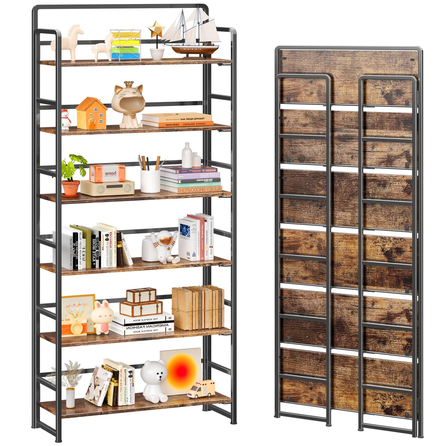 4NM No Assembly Extra Wide 6 Tiers Folding Bookshelf Storage Shelves Vintage Bookcase Standing Racks Study Organizer Home Office (Rustic Brown Black)