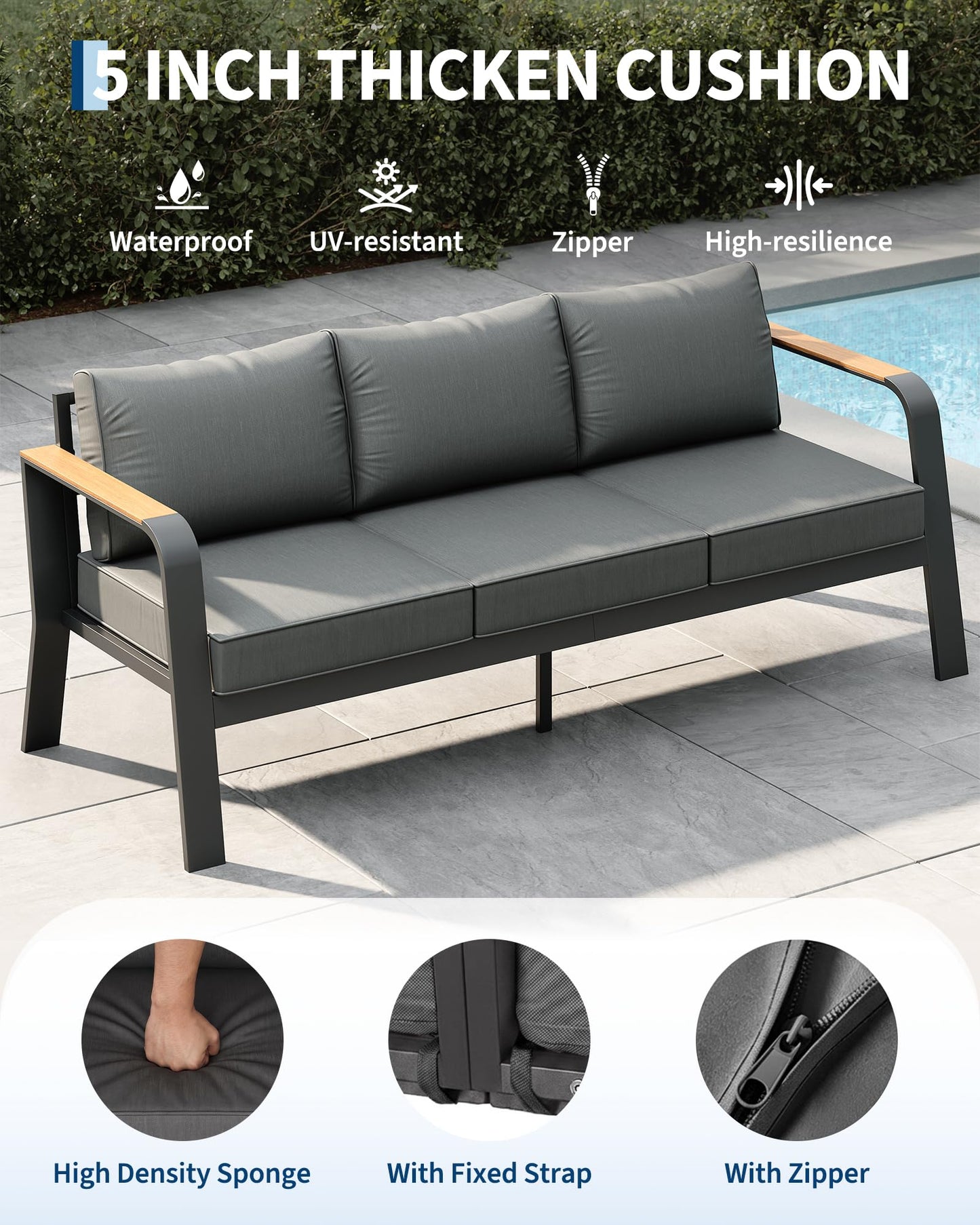Garvee Aluminum Outdoor Patio Furniture Set with Coffee Table 7 Seats Patio Conversation Set Washable Thick Cushions All-Weather Metal Outdoor Furniture Sets for Poolside Balcony Deck, Gray