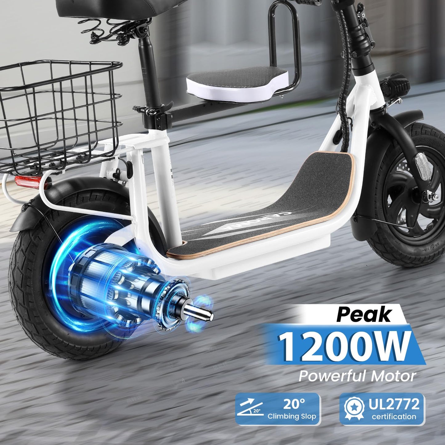 Caroma 1200W Peak Electric Scooter with Seat for Adults, 30 Miles Max Range Electric Scooter for Teens, 20mph Top Speed Foldable Commuter Ebike, Adjustable E-Scooters with Basket
