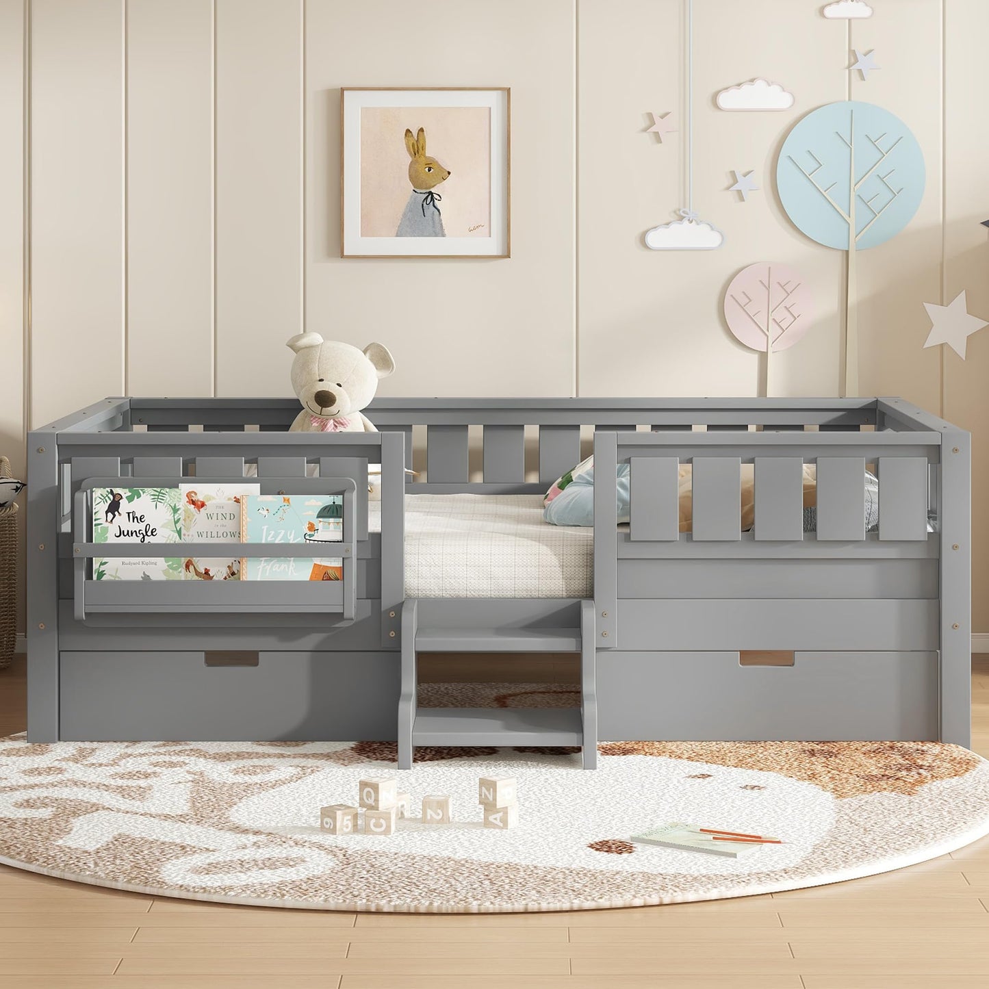 Bellemave Twin Bed with Slats and Stairs, Twin Size Platform Bed Frame with Fence, Bookshelf and Storage Drawers, Easy Assemble Beds for Kids, Girls, Boys, Gray