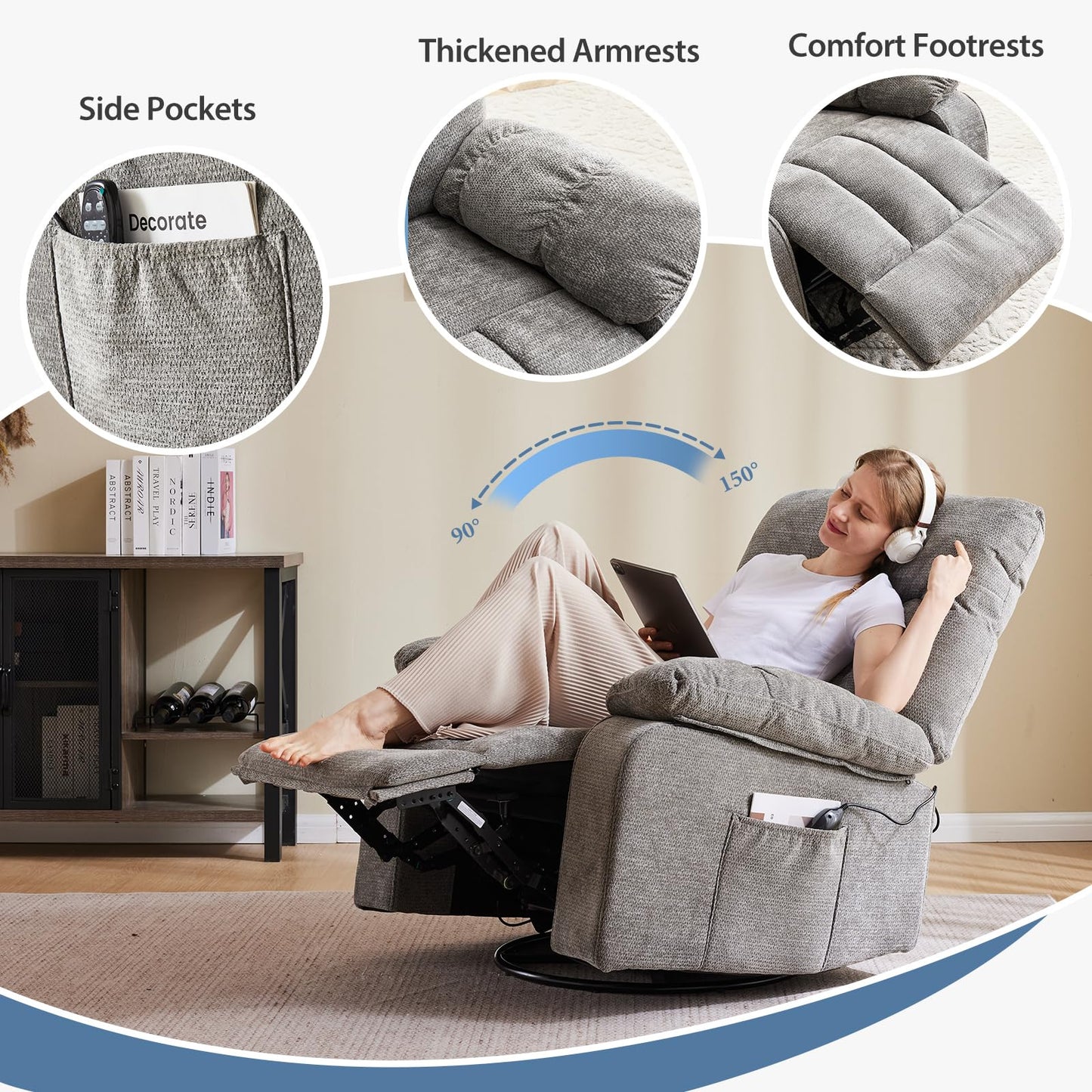 DUMOS Rocker Recliner Chair, Swivel Recliner with Vibration Massage & Lumbar Heating, 270° Rotating Chenille Fabric Recliner with footrest for Living Room & Bedroom, Grey