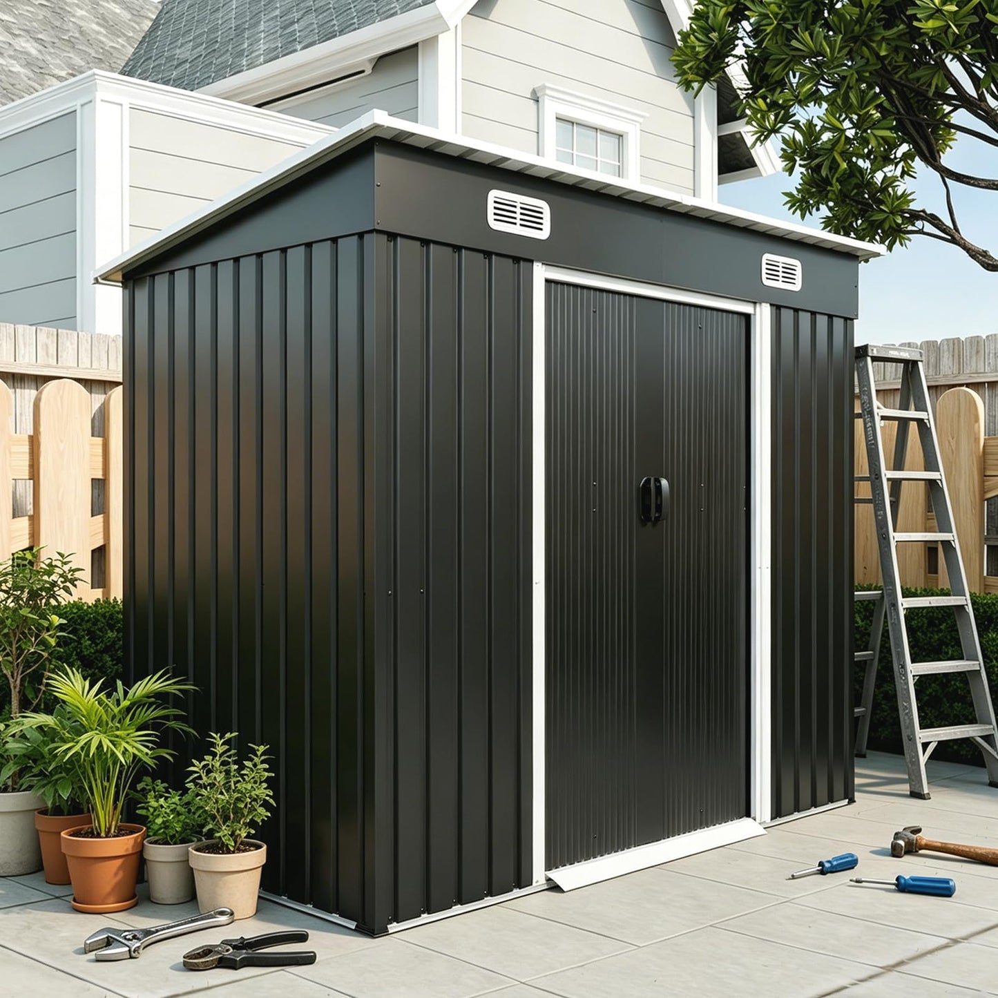 8x4 FT Galvanized Steel Outdoor Storage Shed with Sliding Lockable Double Doors, Sloped Roof, Ventilation Vents, Anchor Kit, Floorless Metal Garden Storage Building for Tools, Bicycles,Lawn Equipment