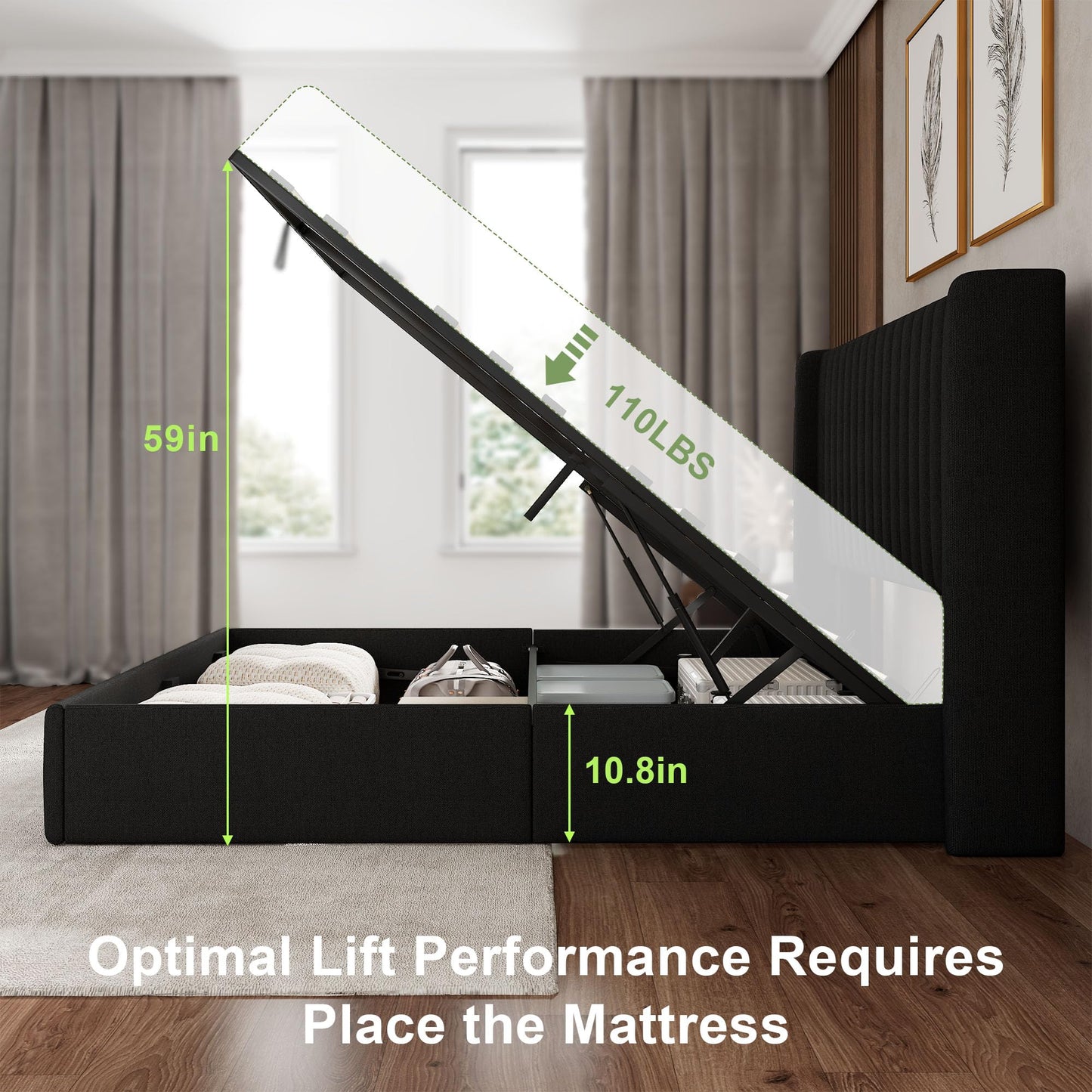 Feonase Queen Size Lift Up Storage Bed Frame, Linen Upholstered Platform Bed with Wingback Headboard, Hydraulic Storage, No Box Spring Needed, Black