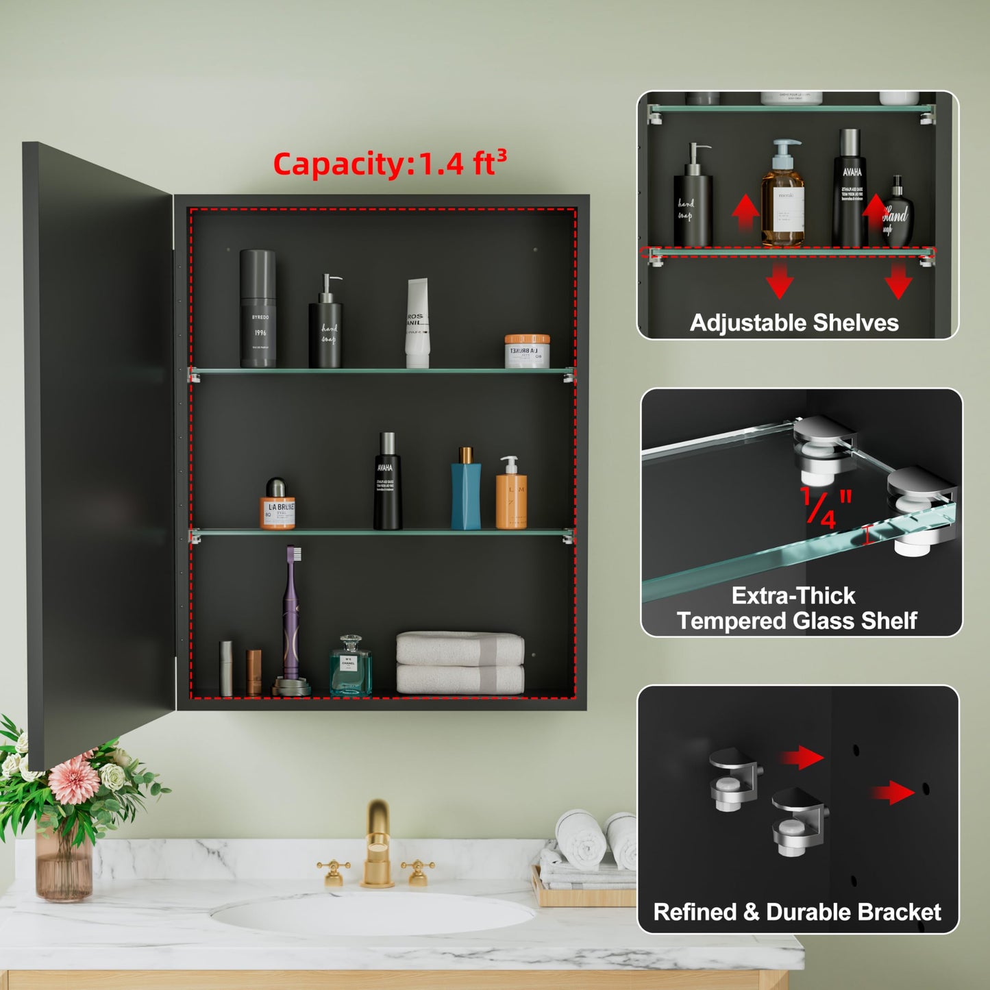 Buruis 24" x 30" Framed Medicine Cabinet with Mirror, Recessed or Wall Mounted Bathroom Cabinet, Adjustable Tempered Glass Shelves, Left/Right Open Reversible, No Assembly Required, Black