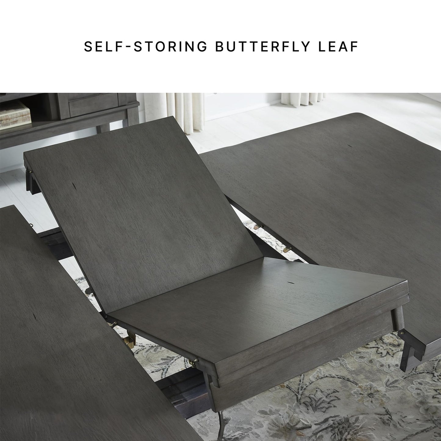 Signature Design by Ashley Hallanden Modern Farmhouse Rectangular Dining Room Butterfly Extension Table with Self-Storing Leaf, Seats Up to 6, Wood, Dark Gray