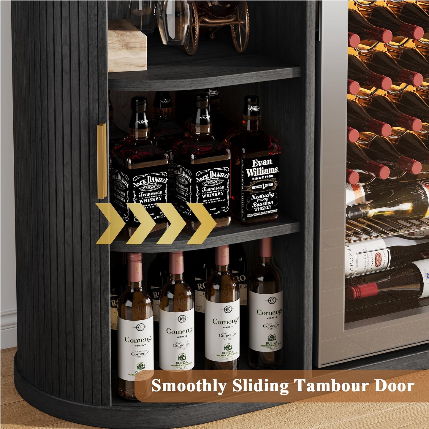 Jocoevol 53" Fluted Wine Bar Cabinet with Sliding Doors, Coffee Bar Cabinet with Charging Station & Glass Holder, Modern Liquor Whiskey Buffet Sideboard for Dining Room, Living Room, Kitchen (Black)