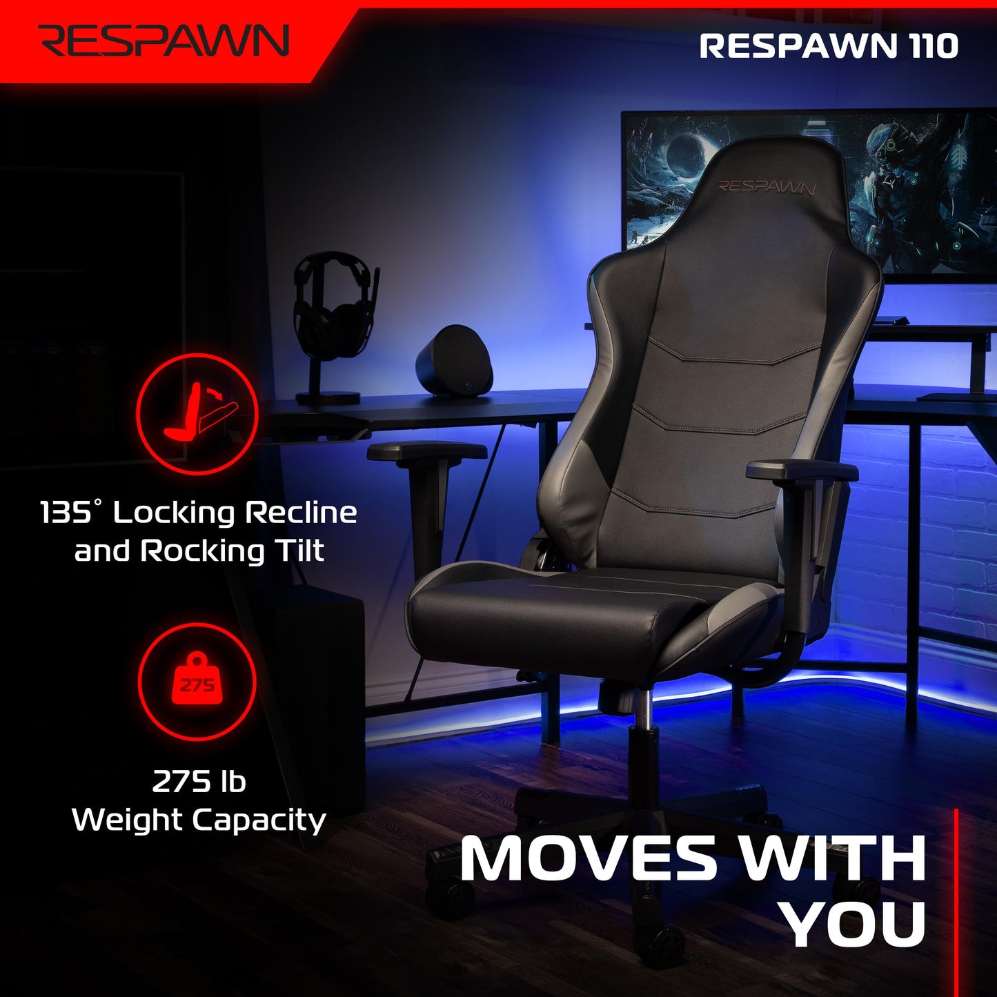 Respawn 110 Ergonomic Gaming Chair - Reclining Office Video Game Swivel Chair with Lumbar Support, Headrest, Heavy Duty, High Back, Racing Style Gaming Recliner Seat for Computer Gamer - Gray
