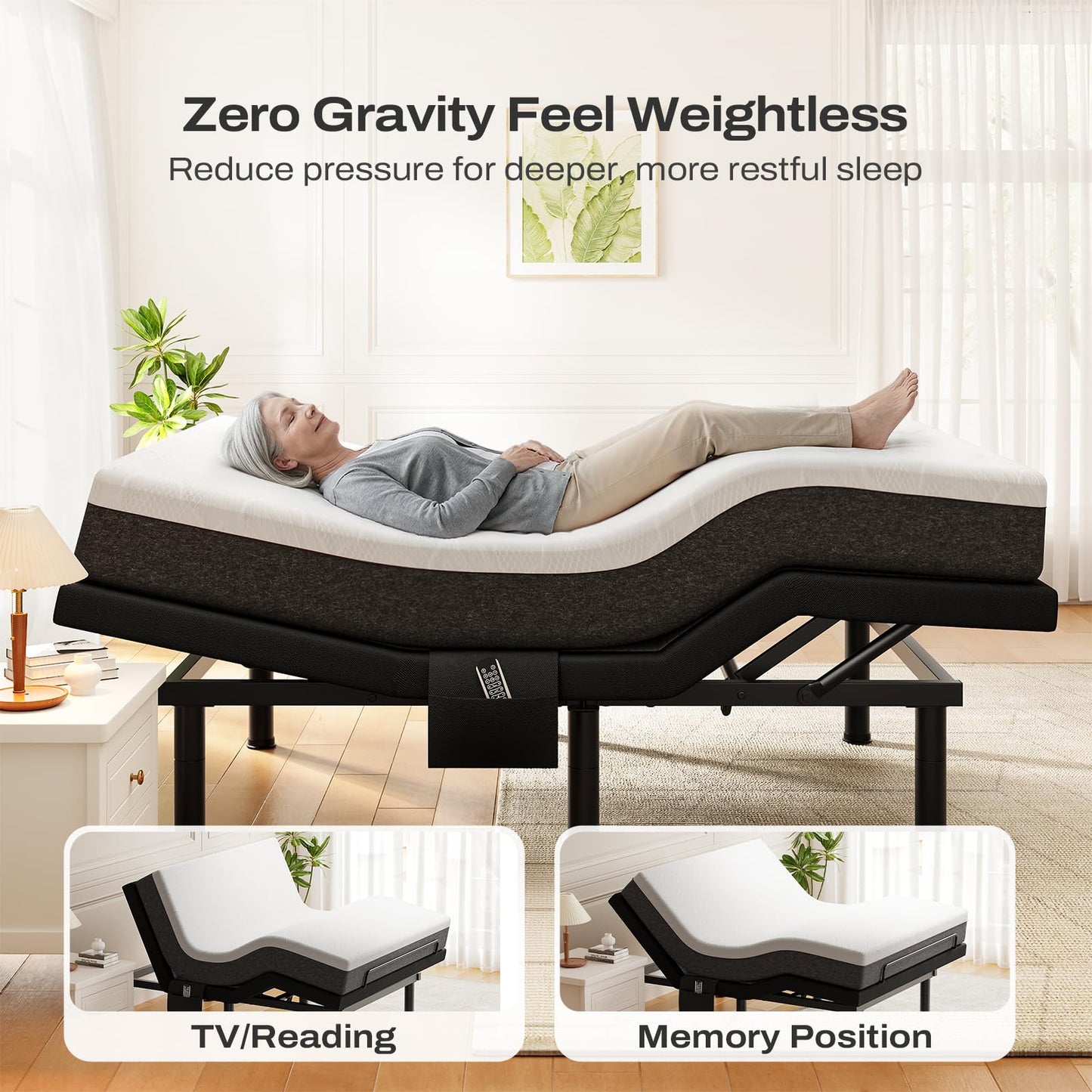 DOMIA Full Adjustable Bed Frame with Massage, Electric Bed Base with Head & Foot Incline, USB Ports & LED Night Light, Side Pocket, Wireless Remote, 3 Height Options, Zero Gravity, Easy Assembly
