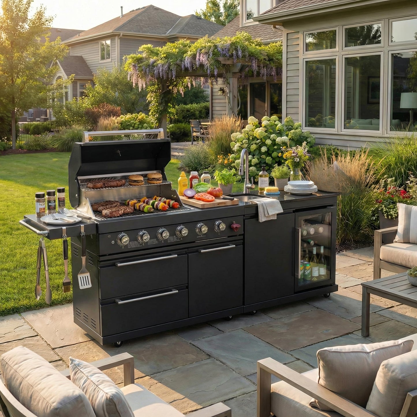GDFStudio 84" Stainless Steel Outdoor Kitchen Bar and BBQ Island Grill with 6-Burner Gas Grill, 75300 BTU, SS304 Integrated Sink, Wine Cooler, Refrigerator, Granite Countertop, Rotisserie, Black