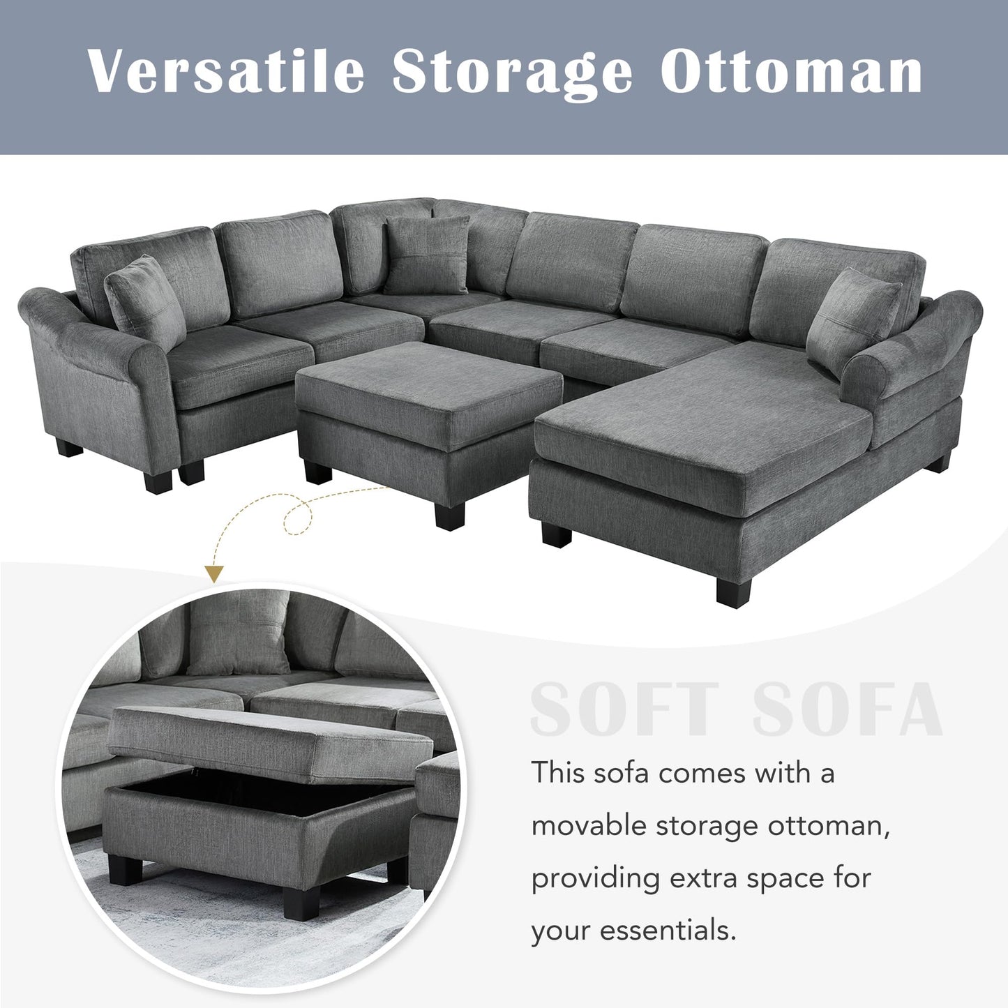 ERYE 112-Inch U-Shaped Sectional Sofa with Movable Storage Ottoman, Oversized Chenille Upholstered Corner Modular Sofa Couch W/Right Facing Chaise Lounge and 3 Toss Pillows