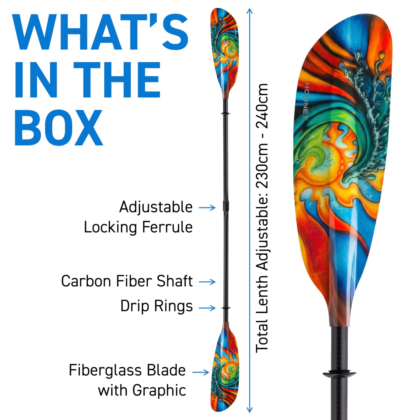 Hornet Watersports Waves Fiberglass Kayak Paddle for Adults- Ideal for Touring, Fishing and Boating- 90.5 inches / 230CM Adjustable with Carbon Fiber Shaft- Kayak Oars Kayaking Equipment