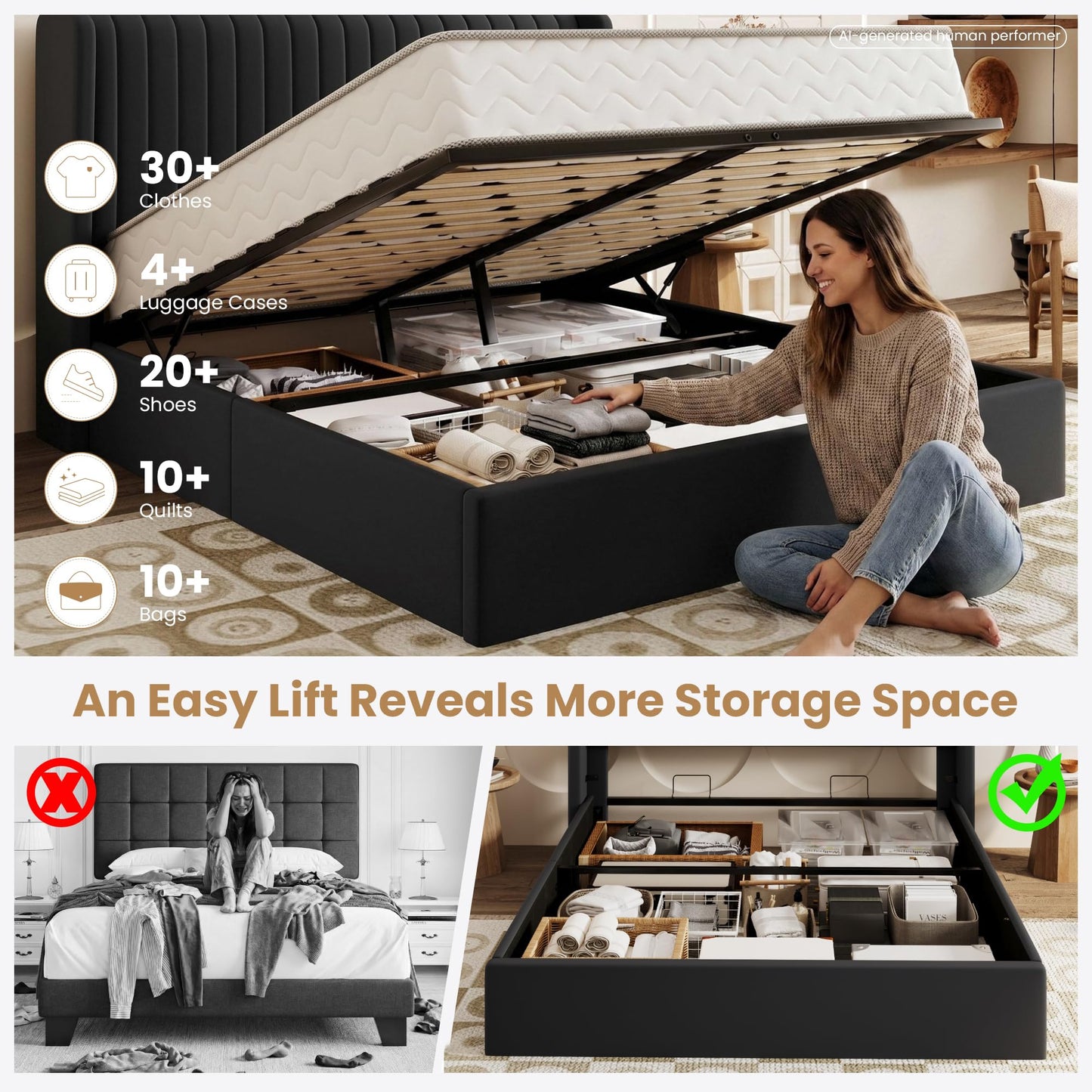 SHA CERLIN Queen Size Lift Up Storage Bed Frame, Vertical Channel Tufted Headboard with Wingback, Hydraulic Underneath Storage Space, Soft Velvet Upholstered Platform Bed, No Box Spring Needed, Black