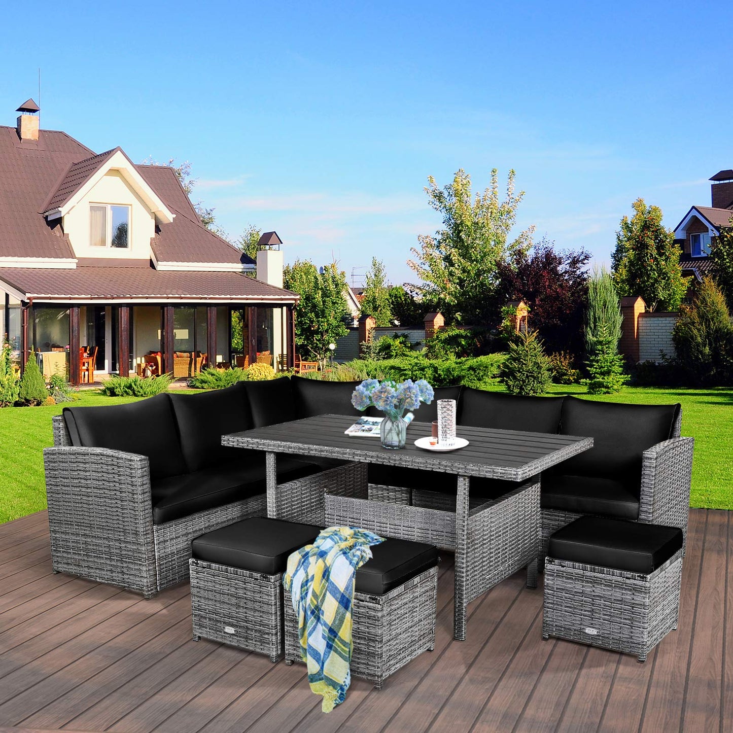 Tangkula 7 Pieces Patio Furniture Set, Outdoor Sectional Rattan Sofa Set with Cushions, All Weather Wicker Conversation Couch Set w/Dining Table & Ottomans for Backyard Garden Poolside (Black)