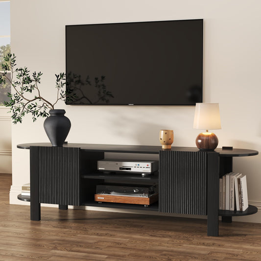 ZOSQUARE 65 Inch TV Stand for Up to 75 inch TVs, Fluted Entertainment Center with Adjustable Shelve, Curved Round Corner TV Console Table with Storage for Living Room, Bed Room (Black)