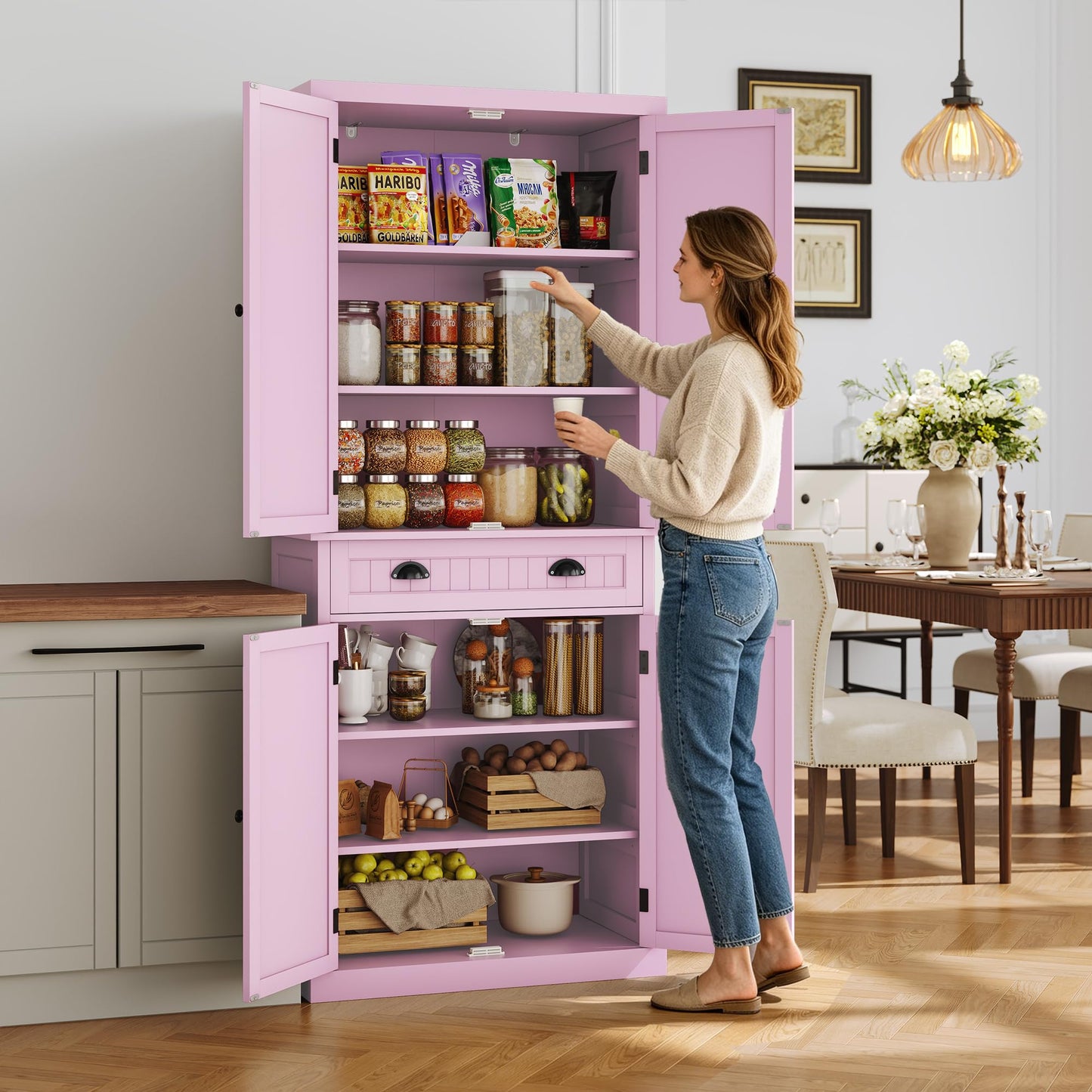 ARTPOWER 72" Tall Kitchen Pantry Storage Cabinet with Drawer and Adjustable Shelves, Pantry Cabinet for Kitchen, Bathroom or Hallway, Pink
