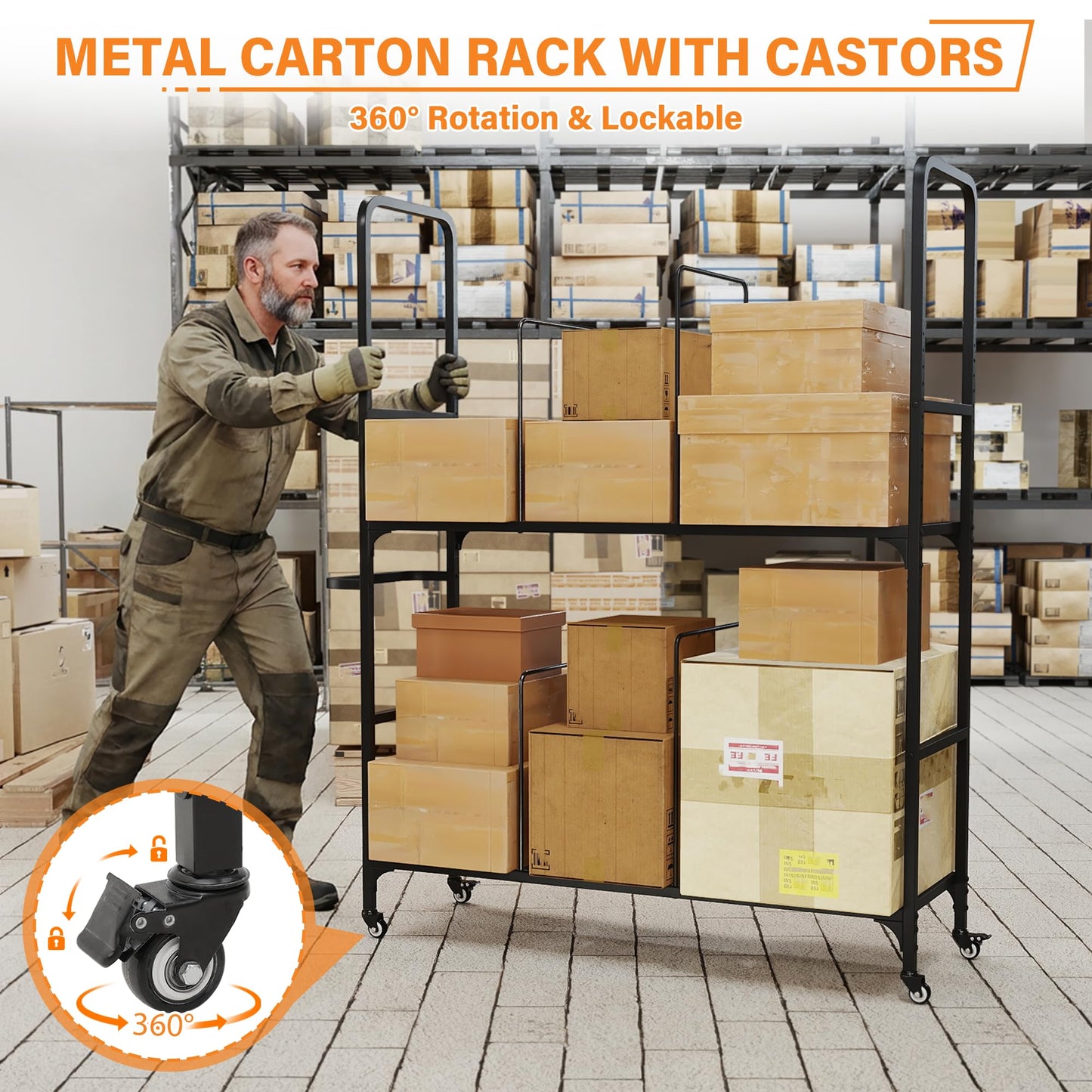 2-Tier Carton Stand, Metal Cardboard Box Organizer, Rolling Cardboard Box Stand, Heavy Duty Carton Storage Cart with Dividers, Shipping Boxes Cart with Wheels for Commercial Home Supermarket Warehouse
