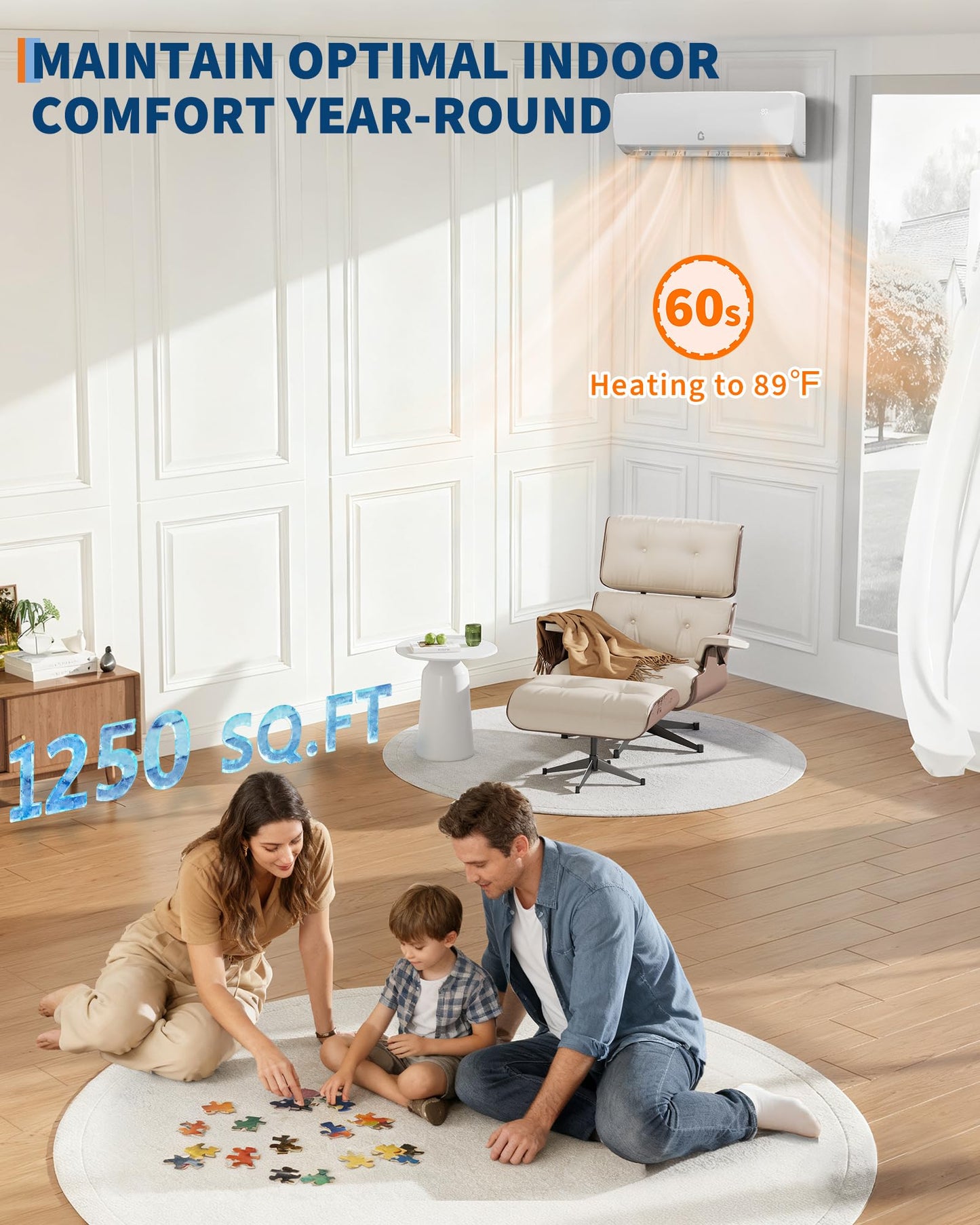 12,000 BTU Ductless Mini Split Air Conditioner with Heat Pump - 115V, 19 SEER2 High Efficiency, Cools & Heats Rooms Up to 750 Sq Ft, Includes Pre-Charged Condenser, Installation Kit and Remote Control