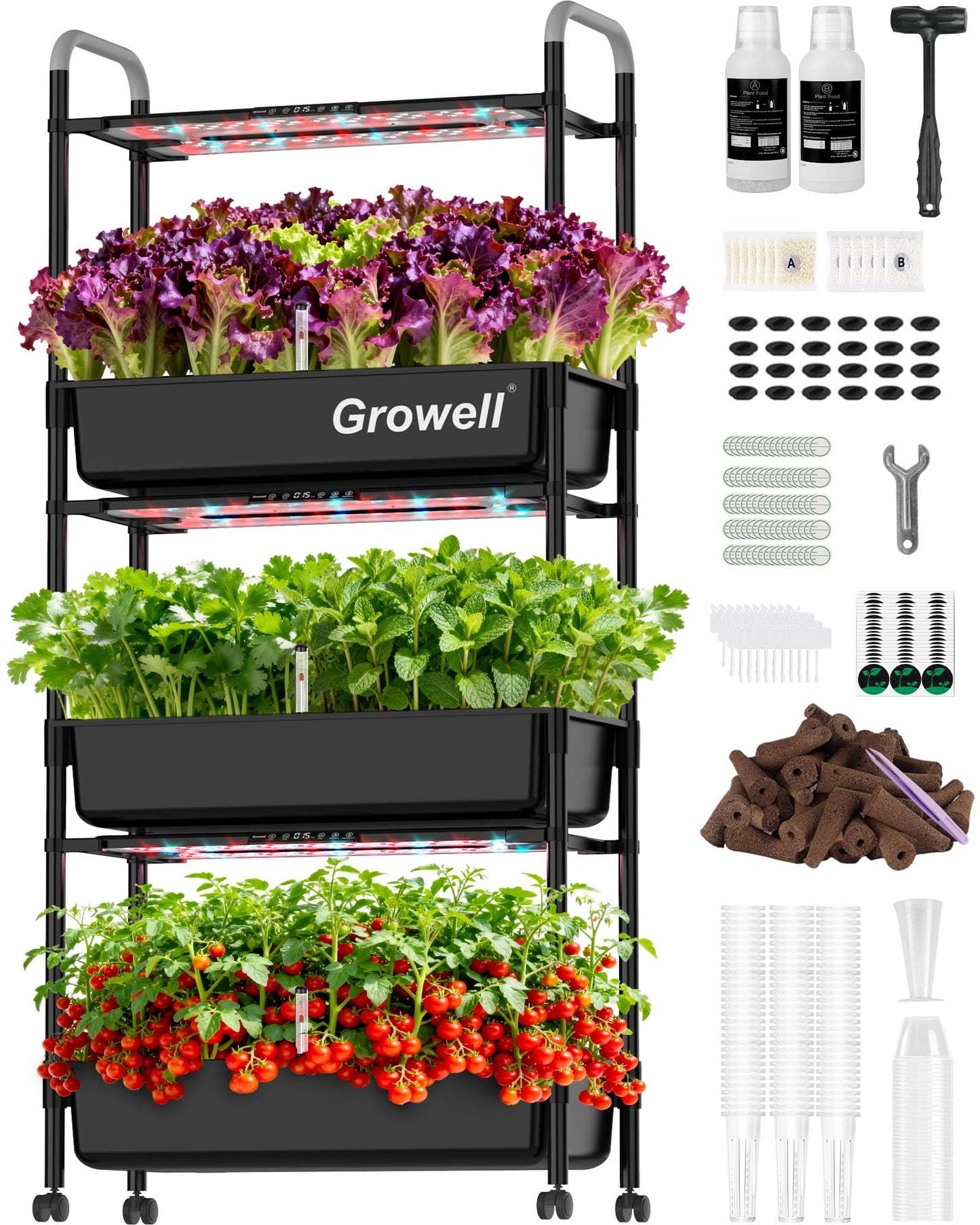 Growell Large Hydroponics Growing System Kit, 81 Pods Vertical Indoor Herb Garden Kit with LED Grow Light & Independent Water Pump, 42L Movable Indoor Planter Perfect Gardening Gifts (3 Tier-Black)