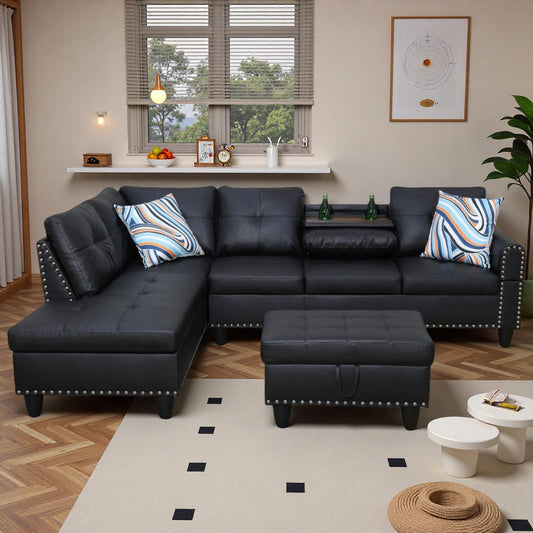 Trygoal 97" Leather 4-Seat L-Shaped Sectional Sofa with Movable Chaise & Storage Ottoman - 3-Piece Modular Convertible Couch for Living Room, Bedroom, Apartment & Office, Jet Black