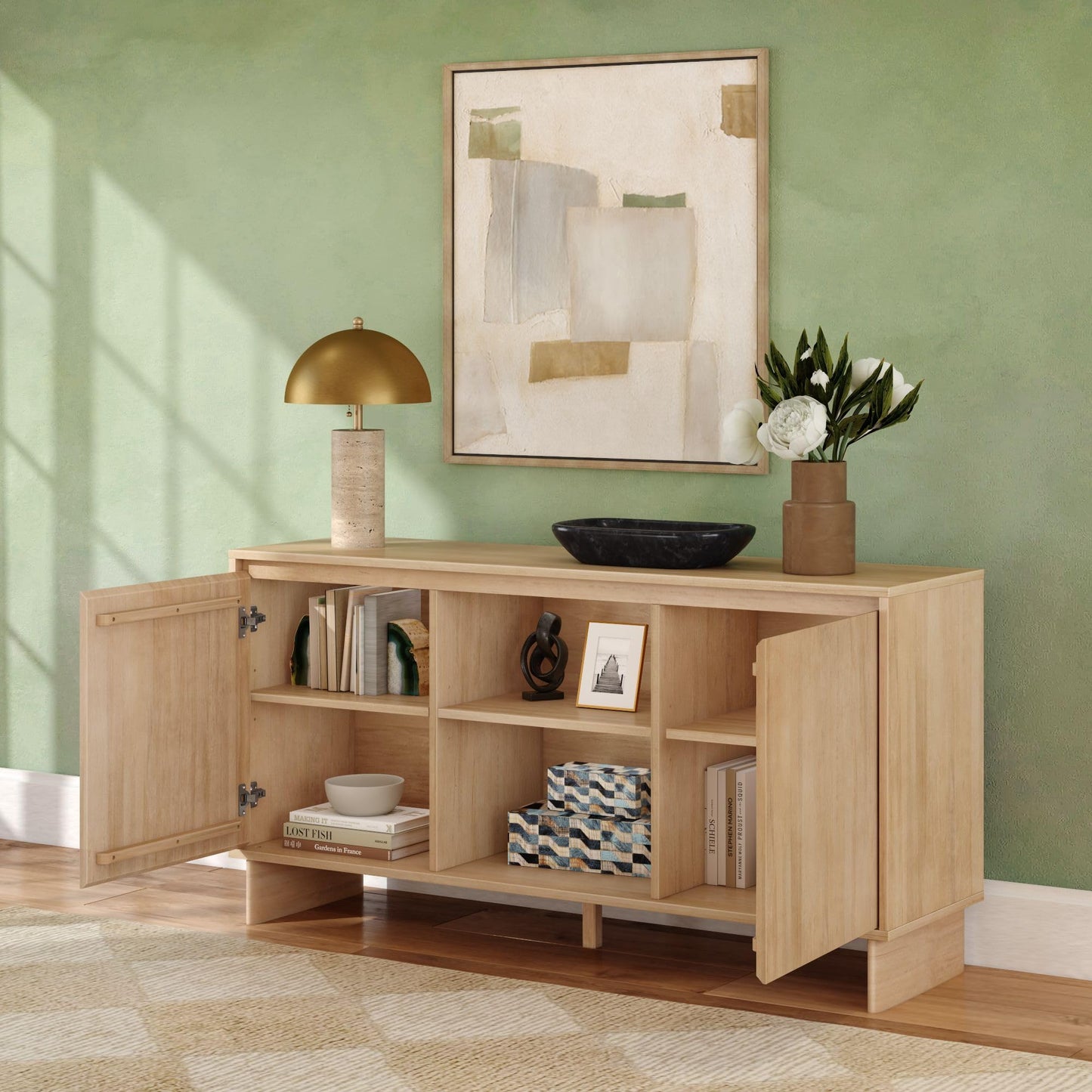 Plank+Beam 59" Modern Sideboard Cabinet, Solid Pine Wood Buffet Table with 2 Doors & Open Shelf, Storage Console for Dining Room or Entryway, Blonde Finish