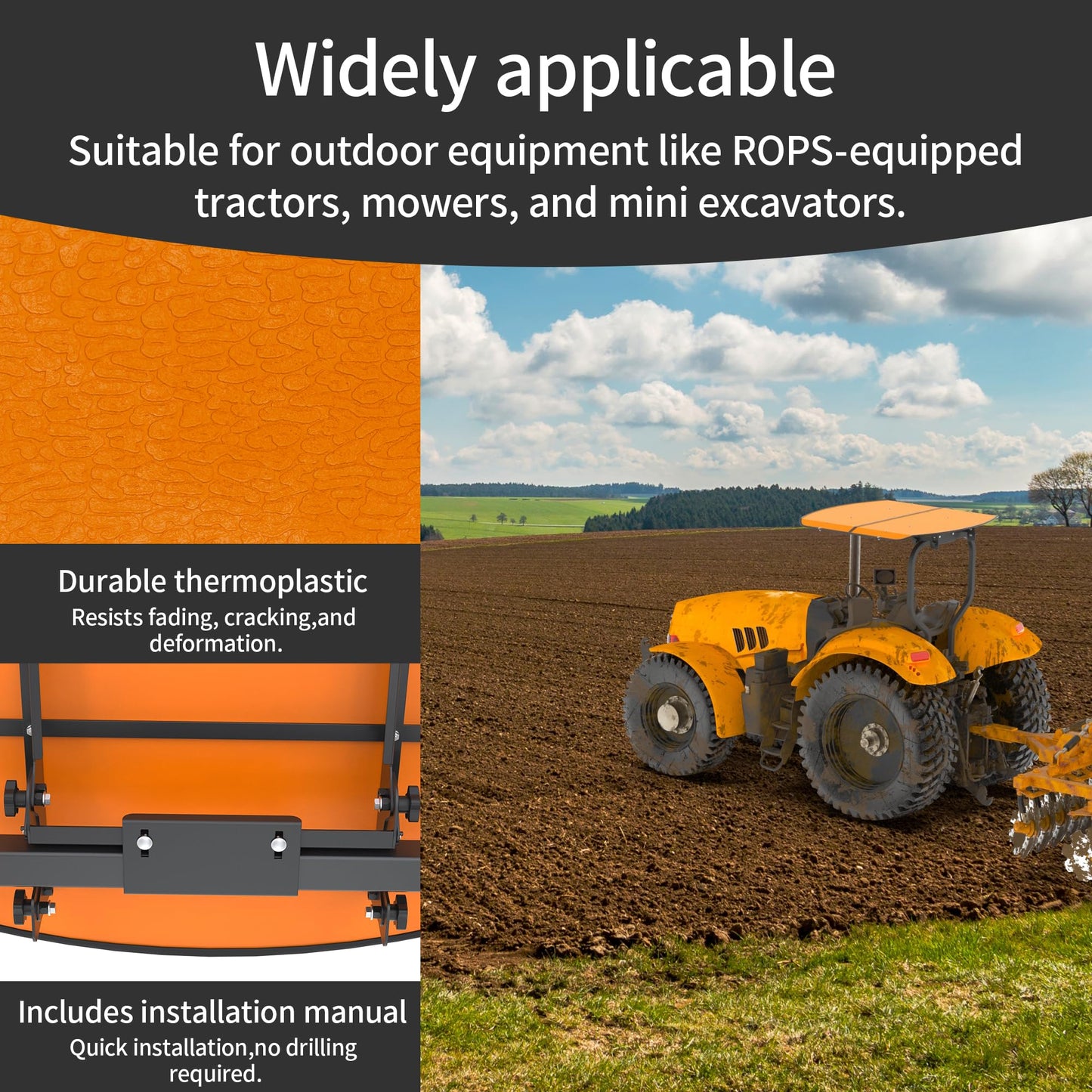 GARVIN Tractor and Mowers Canopy for ROPS 53-3/8" X 53-3/8"- High-Density Thermoplastic Mowers Umbrella (Will Add About 4'' to The Height of The Tractor)-Orange