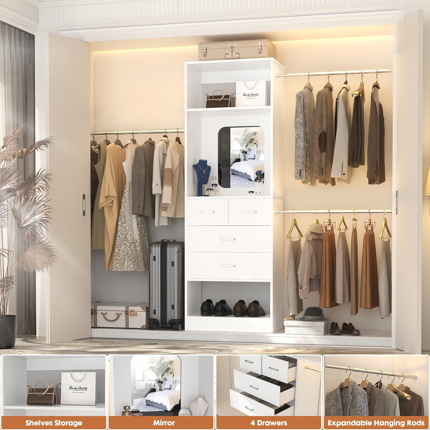 Unikito 48" W - 96” W Closet Organizer, 8FT Walk in Closet Systems Starter Kit with 25” Tower and 3 Extendable Hanging Rods, Sturdy Wood Garment Rack with 4 Drawers and Mirror, Max Load 1000 LBS White