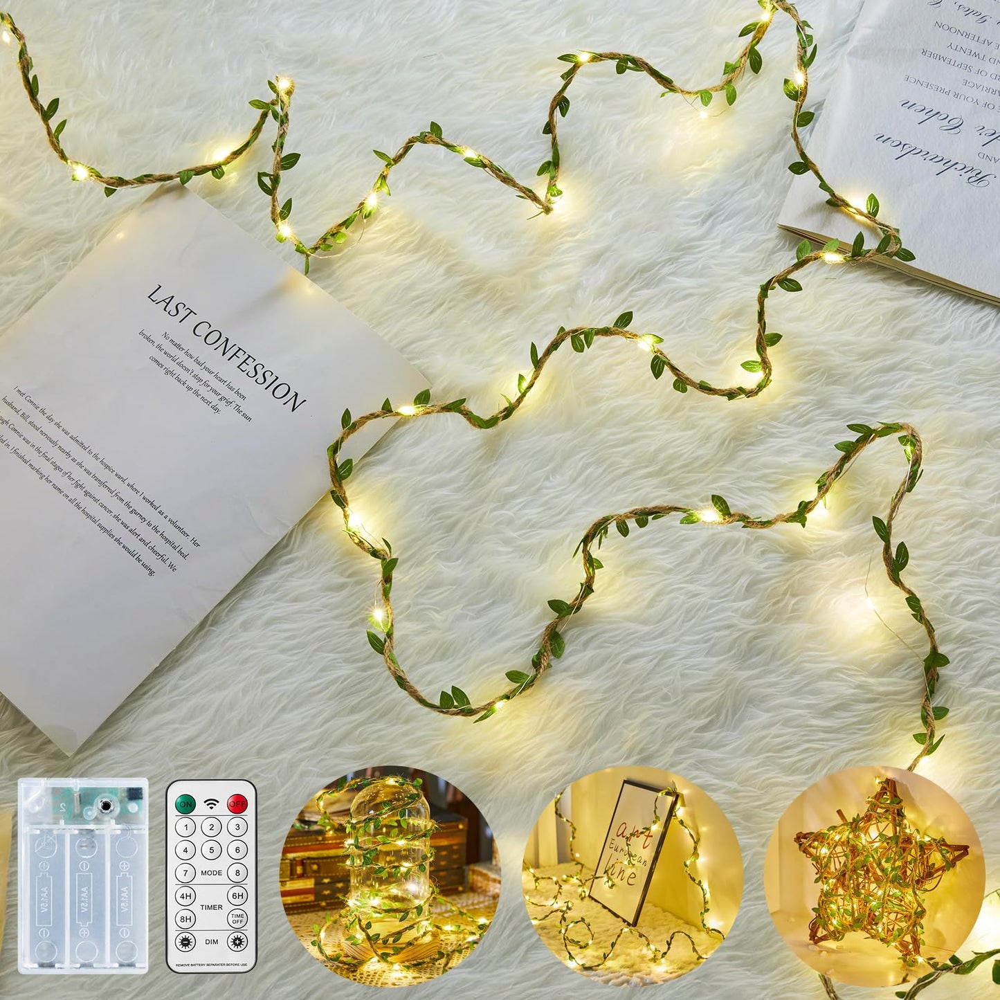 Minetom Fairy Lights - 21ft 60 LED Twinkle String Lights with Remote, Leaf Twine Decor for Bedroom and Dorm Room