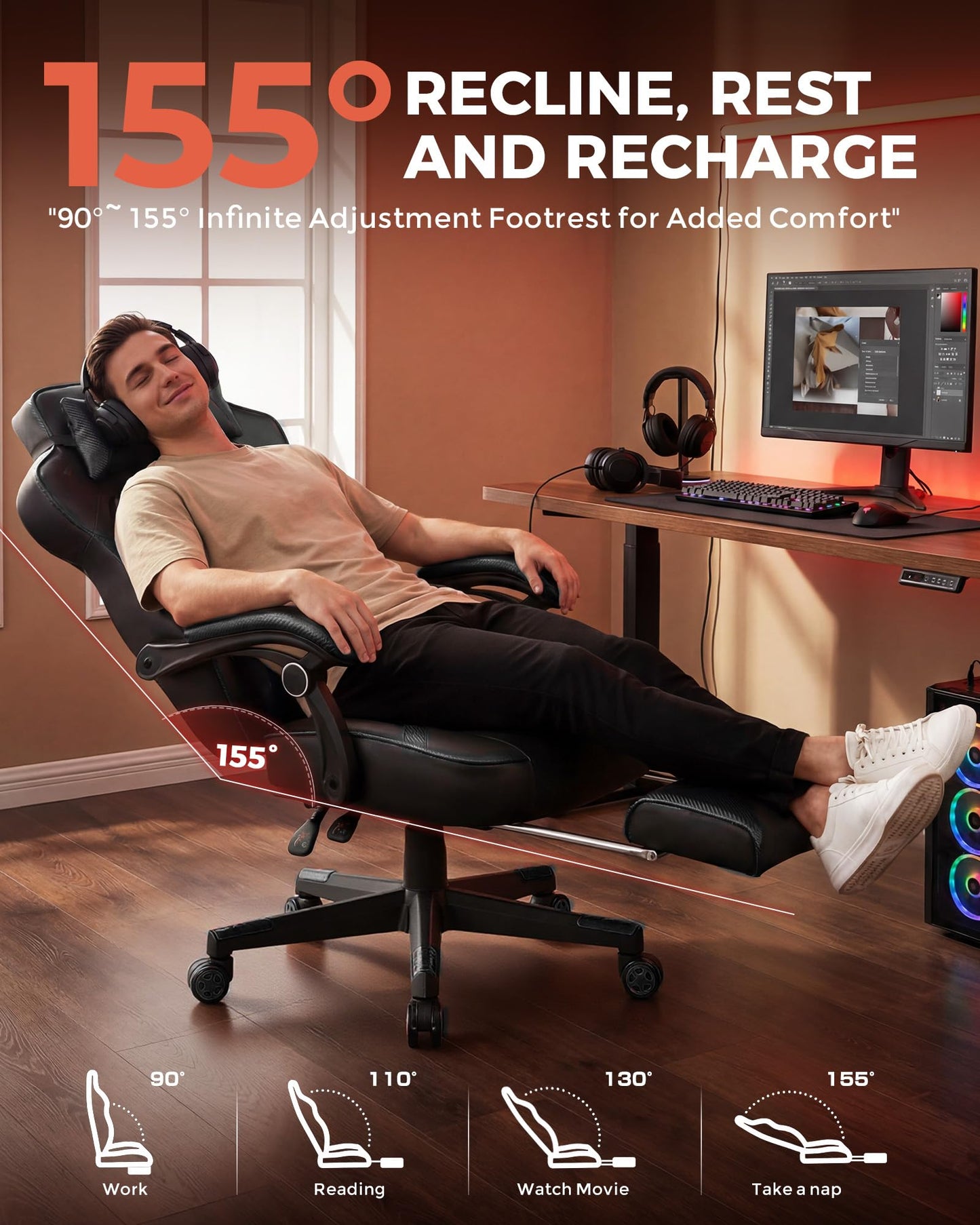 GTPLAYER Gaming Chair with Footrest, Big and Tall Game Chair 350lb Racing Style Computer Chair, Ergonomic Executive Office Chair High Back with Lumbar Support and Recliner, Black