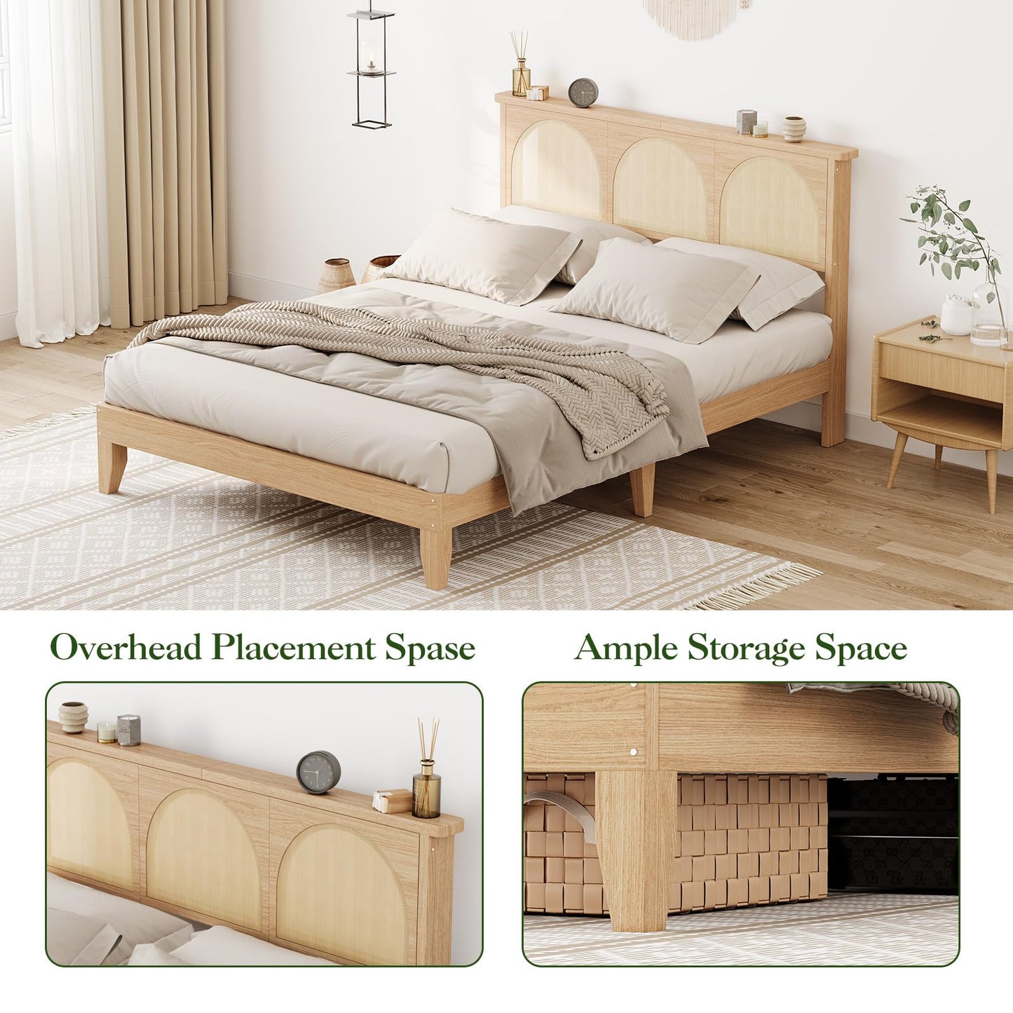 GarveeHome Boho Full Bed Frame, Solid Wood Bed with Natural Rattan Headboard & LED Lights, Wooden Platform Bed No Box Spring Needed, Storage Underneath, Sturdy Noise-Free Bed Frame, Easy Assembly