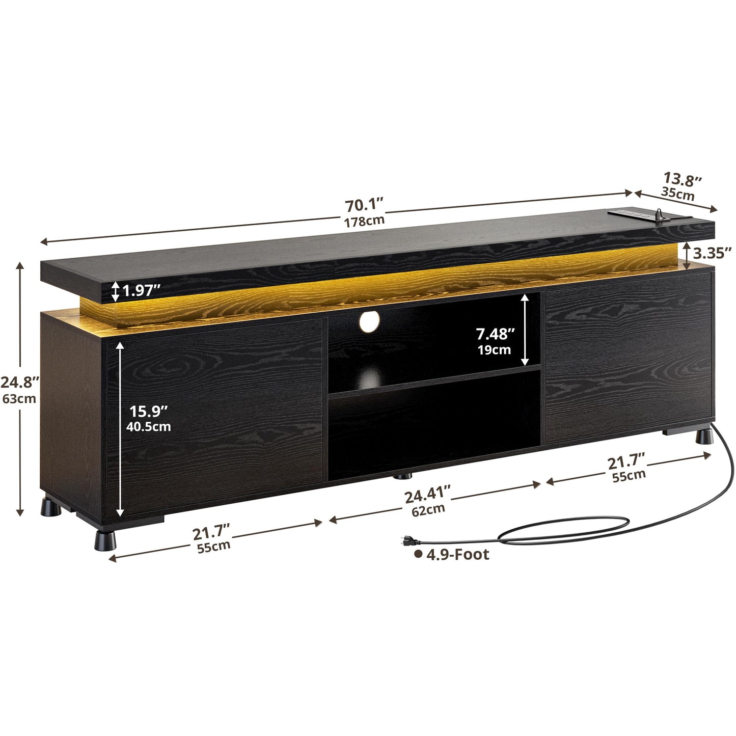 IRONCK TV Stand for 85 inch TV, TV Console with LED Lights and Power Outlet, Long Entertainment Center with Cabinets and Storage Shelves, TV Stand Black for Bedroom Living Room