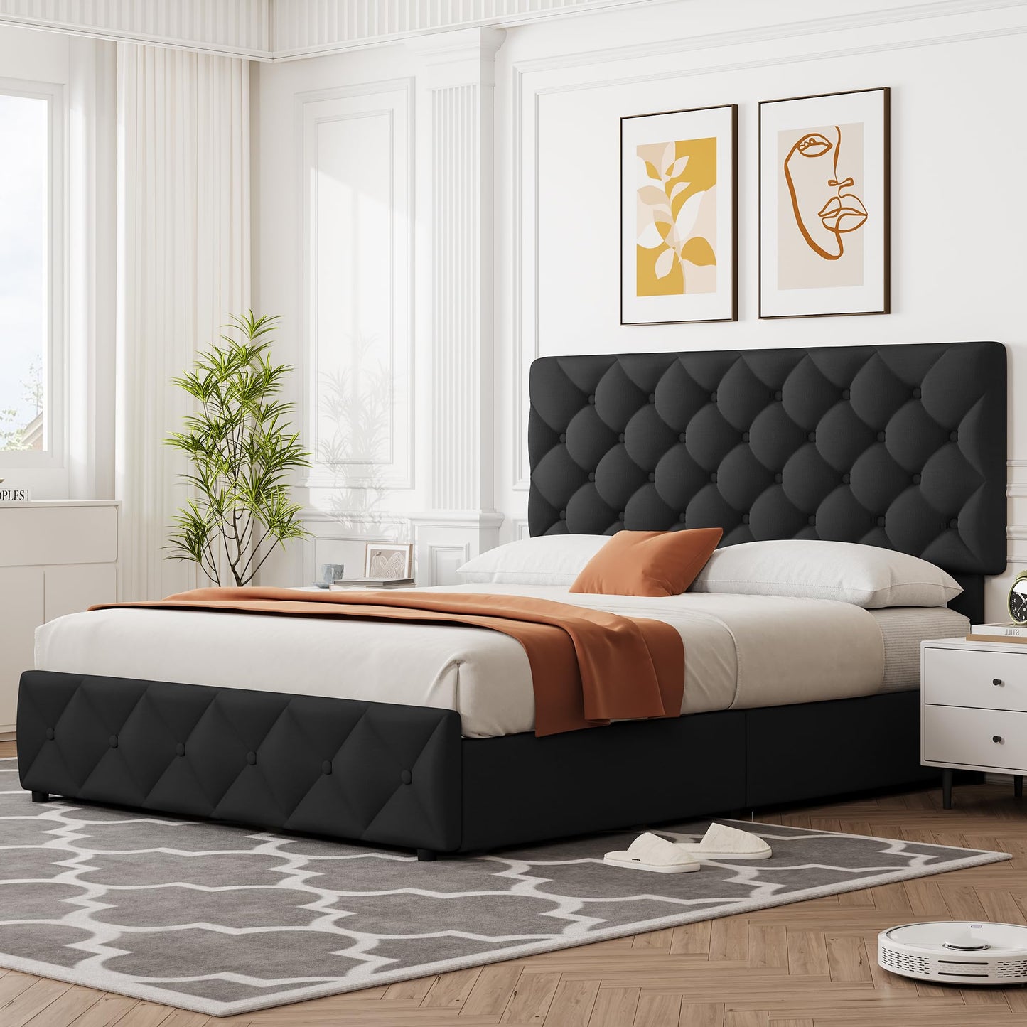 IDEALHOUSE Full Size Bed Frame with 4 Storage Drawers and Adjustable Headboard, Linen Upholstered Platform Beds, Diamond Stitched Button Tufted, No Box Spring Needed, Black